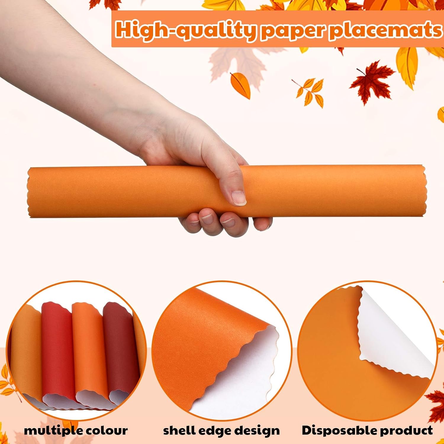 Panelee 120 Pcs Fall Paper Placemats 10 x 14 in Disposable Wavy Place Mats | Placemats with Wavy Scalloped Edge, Thanksgiving Day Autumn Holiday Paper Table Mats for Harvest Dining Home Party Decor