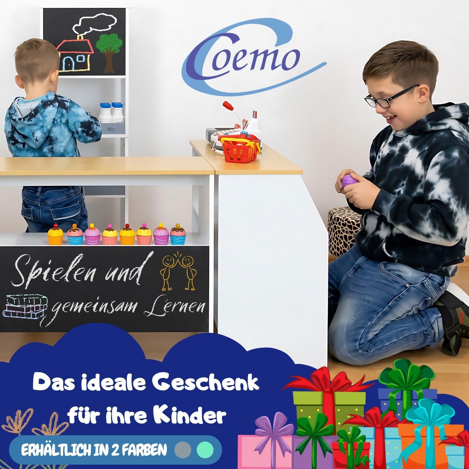 Coemo Spielküche Kaufladen Ida, grau, 4er Set mit Spülbecken | Große Kinderküche, Kaufmannsladen für Kinder, Spielzeugküche, Spielzeug und Küchenzubehör, Holzküche mit Kreidetafel
