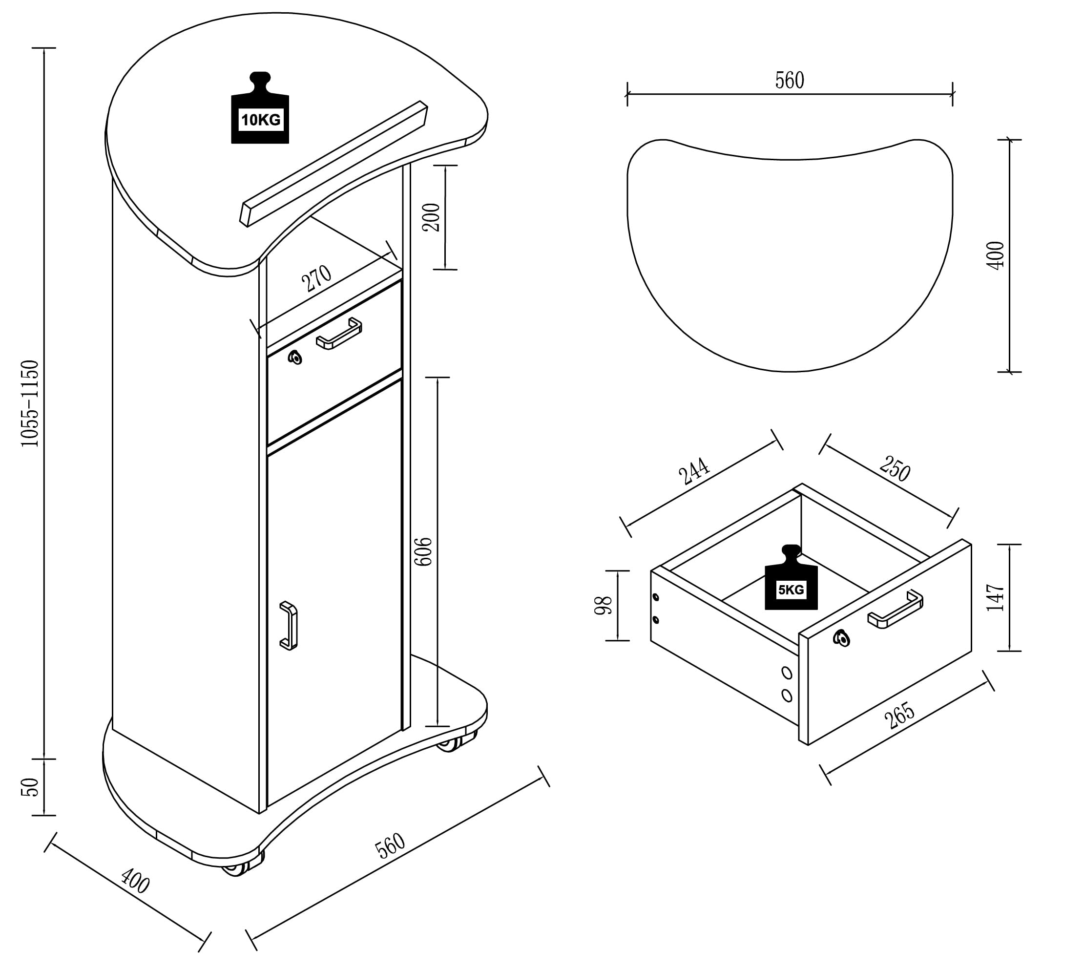 VCM Holz mobiles Rednerpult | Maße ca. H. 110 bis 120 cm x B. 56 cm x T. 37 cm | rollbar mit Schublade | Stehpult | Stehtisch mit Tür - Redola