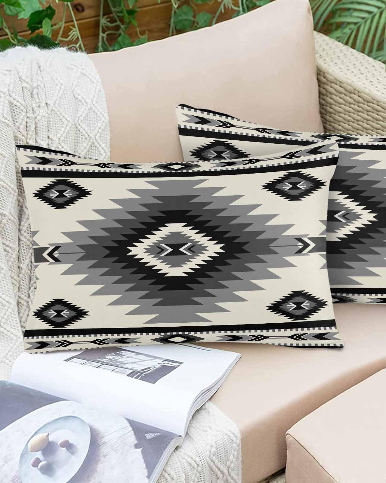 Boanket Lumbar Pillow Covers 12 x 20 in, Beige Black Southwest Waterproof Throw Pillow Cover Set of 2, Western Geometric Ethnic Home Decorative Rectangle Cushion Covers for Patio/Tent/Couch/Garden