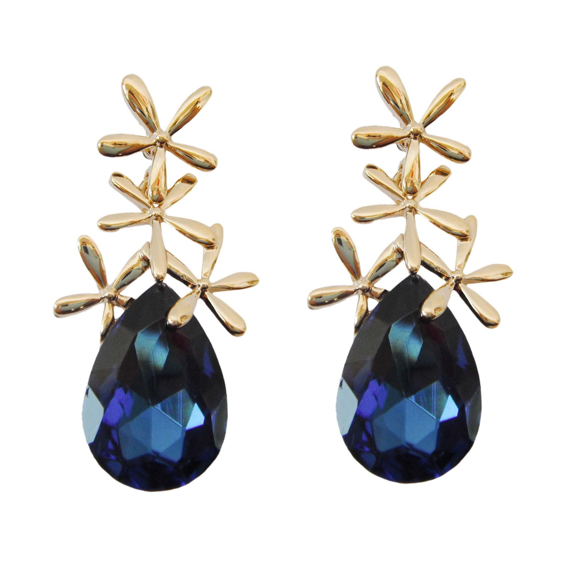 Navachi 18k Gold Plated Crystal Leaves Flower Pear-shaped Zirconia Drop Dangle Earrings