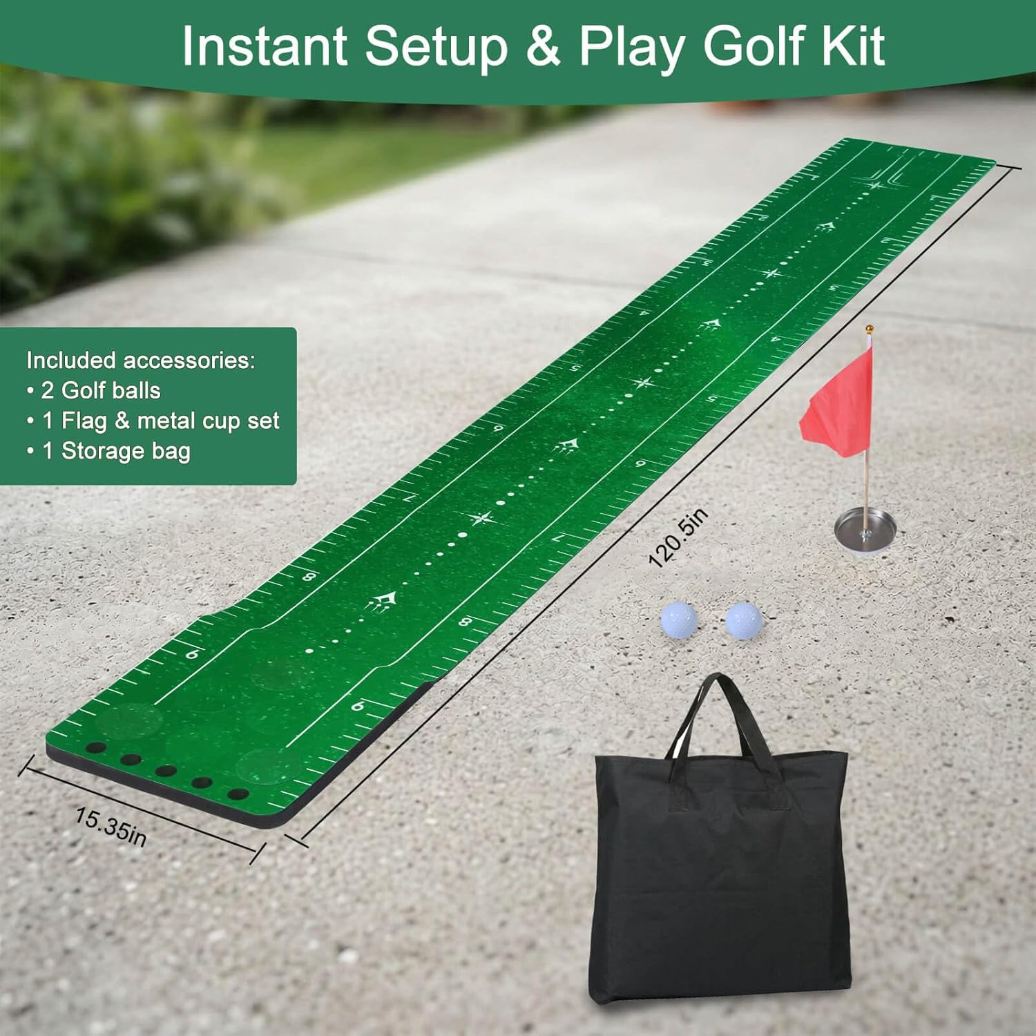 Chriiena Golf Putting Game Mat, Indoor Putting Green Set with 2 Balls, 1 Storage Bag, 1 Flag & Cup, Portable Pong Game Mat for Backyard Party Use