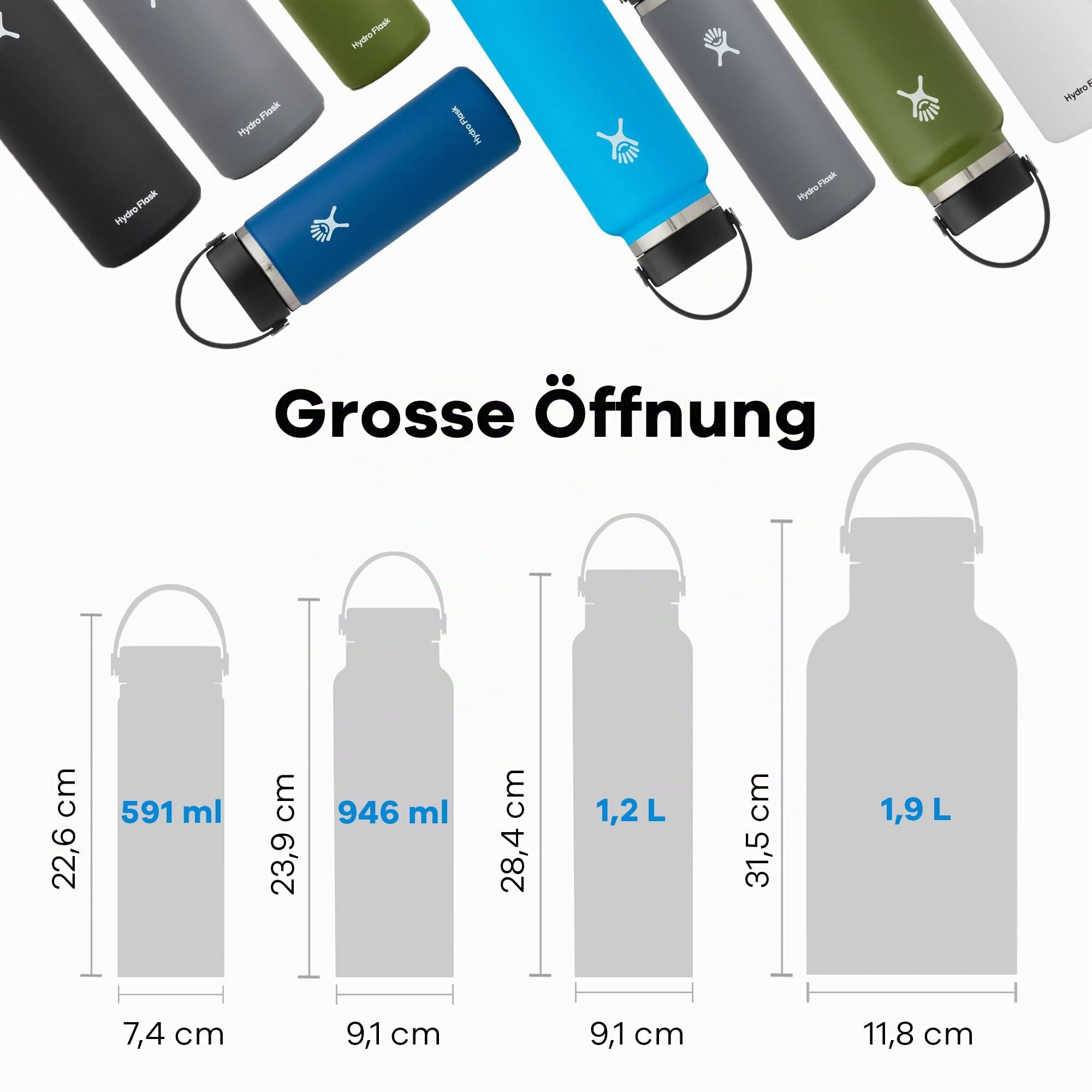 HYDRO FLASK - Wide Mouth - Trinkflasche 1180ml (40oz) - Isolierte Wasserflasche aus Edelstahl - Sportflasche mit auslaufsicherem Flex Cap-Deckel & Gurt - Thermoflasche Spülmaschinenfest - Cascade