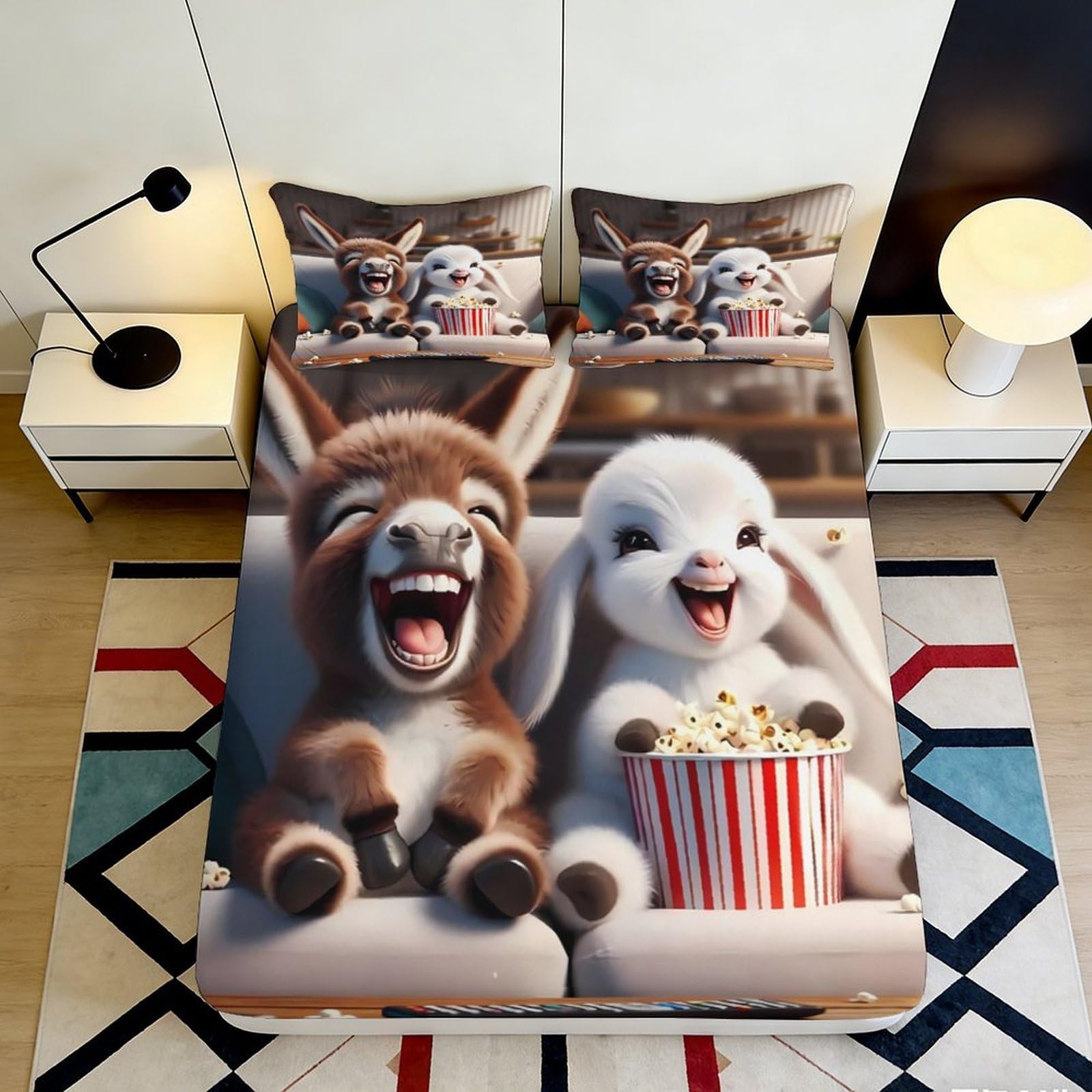 3D Printed Cartoon Donkey Rabbit Fitted Sheet Microfiber Soft Bed Cover Movie Popcorn Pattern Bedroom Decor 90x200x25cm