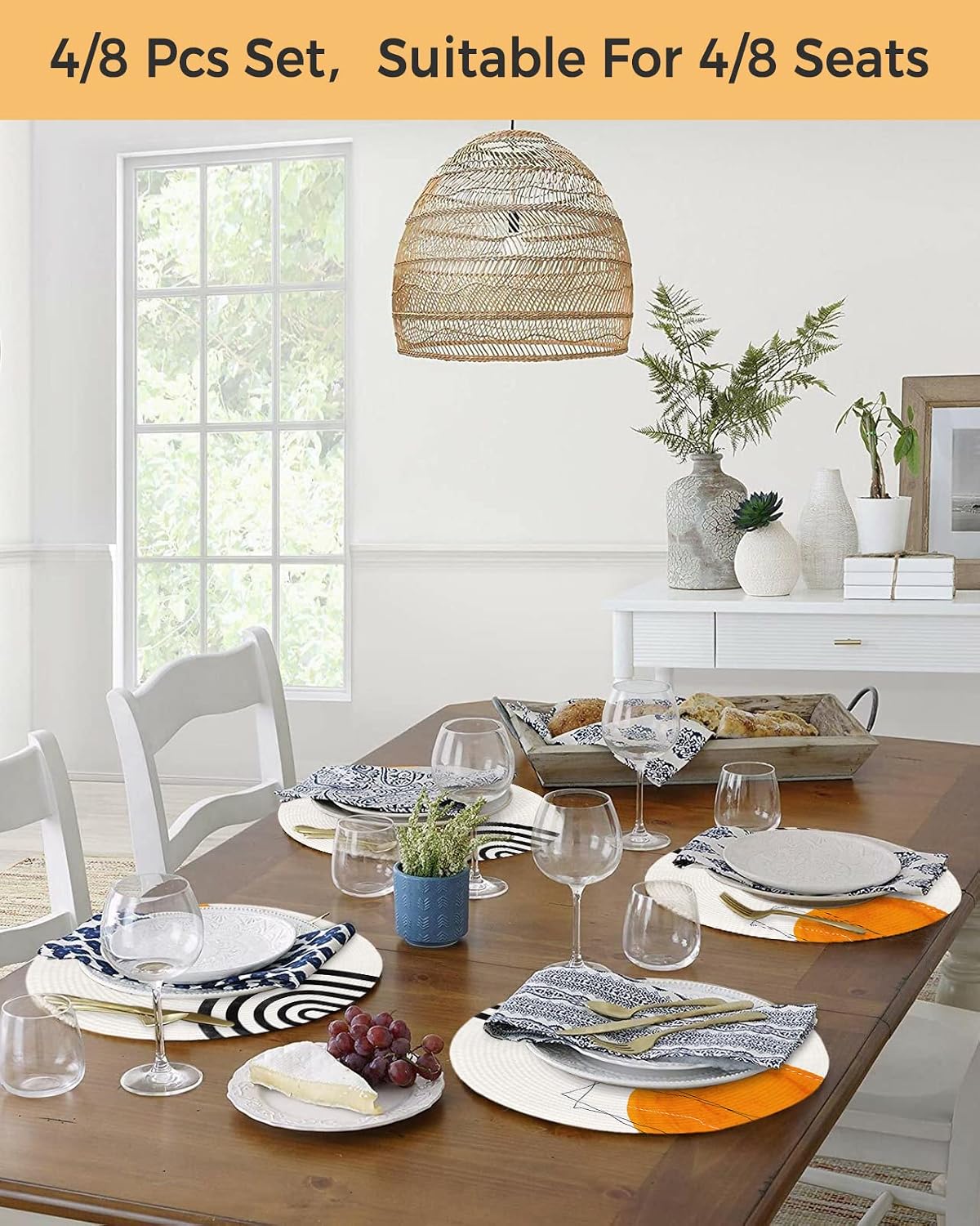 Round Placemats Abstract Mid Century 15 inch Placemats for Dining Tables Boho Modern Geometric Orange Round Table Mats for Kitchen Decoration Set of 4