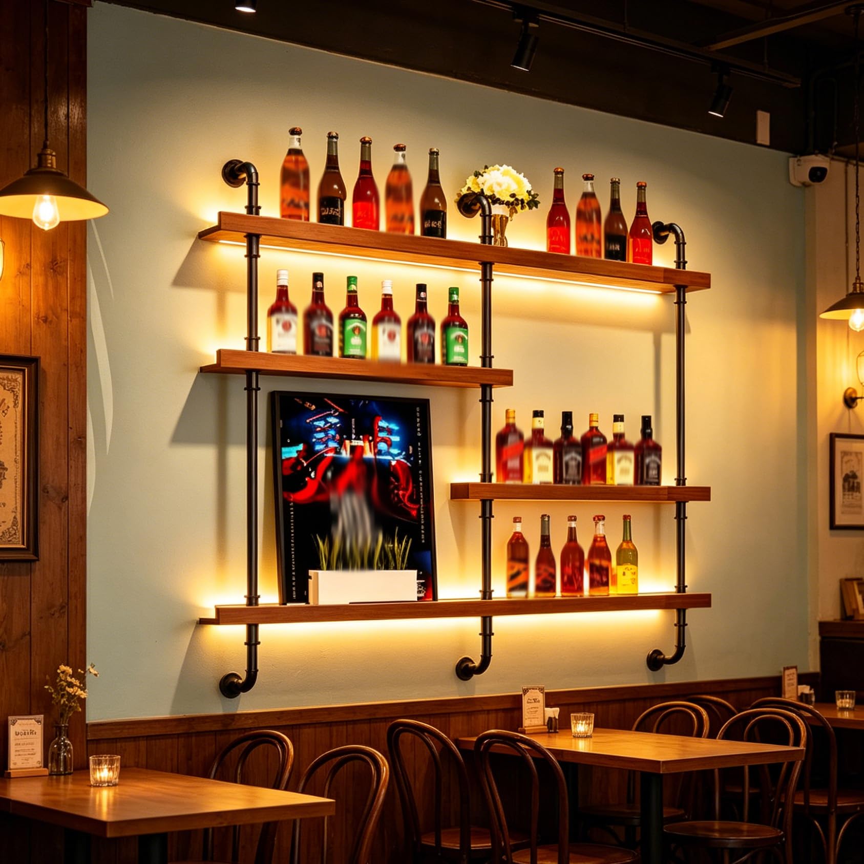 Estante de Vino montado en la Pared con luz, 4 Modernos estantes de Madera para Botellas de Licor, estantes flotantes, Organizador para Bar y Comedor (150×20×150CM Nuez)