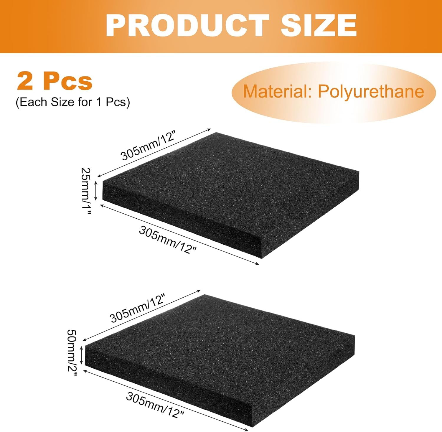 MECCANIXITY 2 Pcs Polyurethane Foam Inserts, 12"Lx12"Wx2"T & 12"Lx12"Wx1"T Cuttable Polyurethane Pick and Pluck Packing Sheets Cushioning Padding for Cases Tool Box Game Box Camera(Black)