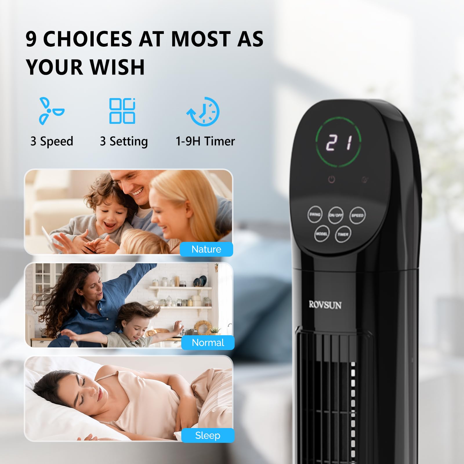 ROVSUN Ventilateur Colonne Silencieux, Ventilateur Tour 34'' (87cm), 35dB, Télécommande, Écran Tactile, Oscillation 90°, 3 Vitesses, 3 Modes, Minuterie 9H, 50W, Noir, Idéal pour Chambre, Salon, Bureau