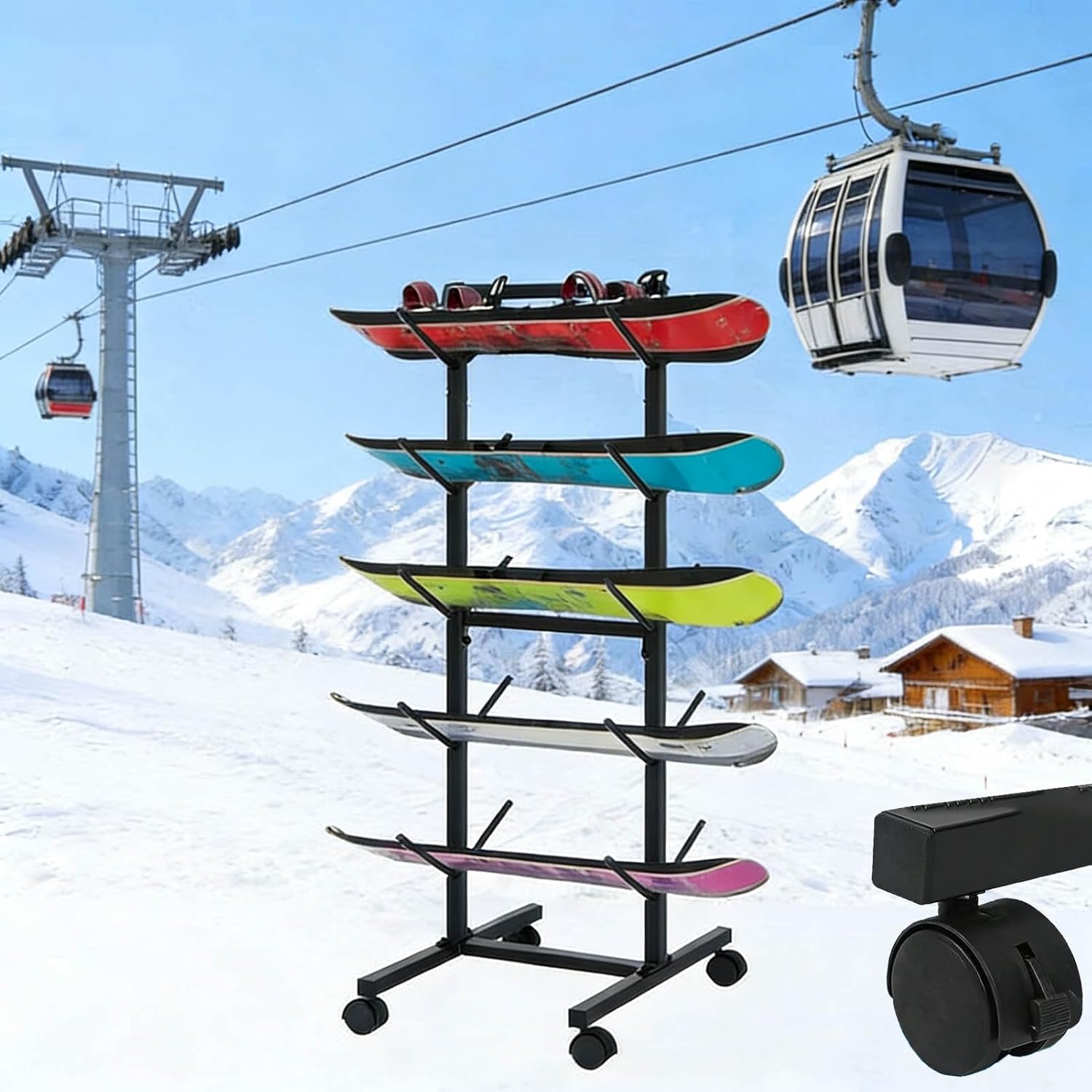 Rolling Ski & Snowboard Storage Rack with Wheels, 5-Tier Metal Ski Holder Skateboard Display, Commercial Large Snow Ski Organizer Stand