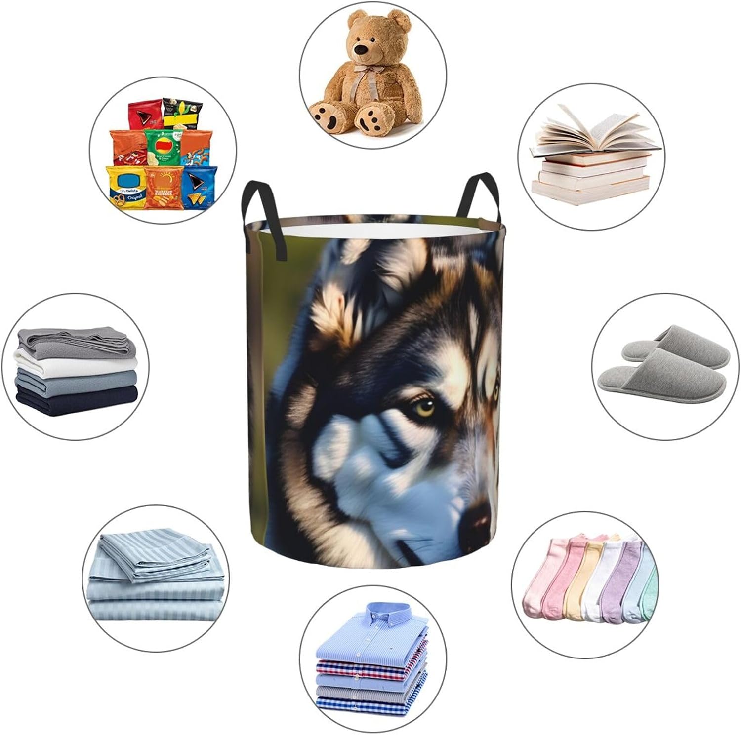 Lovely Husky Print Circular Protable Storage Bin,Basket For Laundry Hamper With Handles Bedroom Clothes