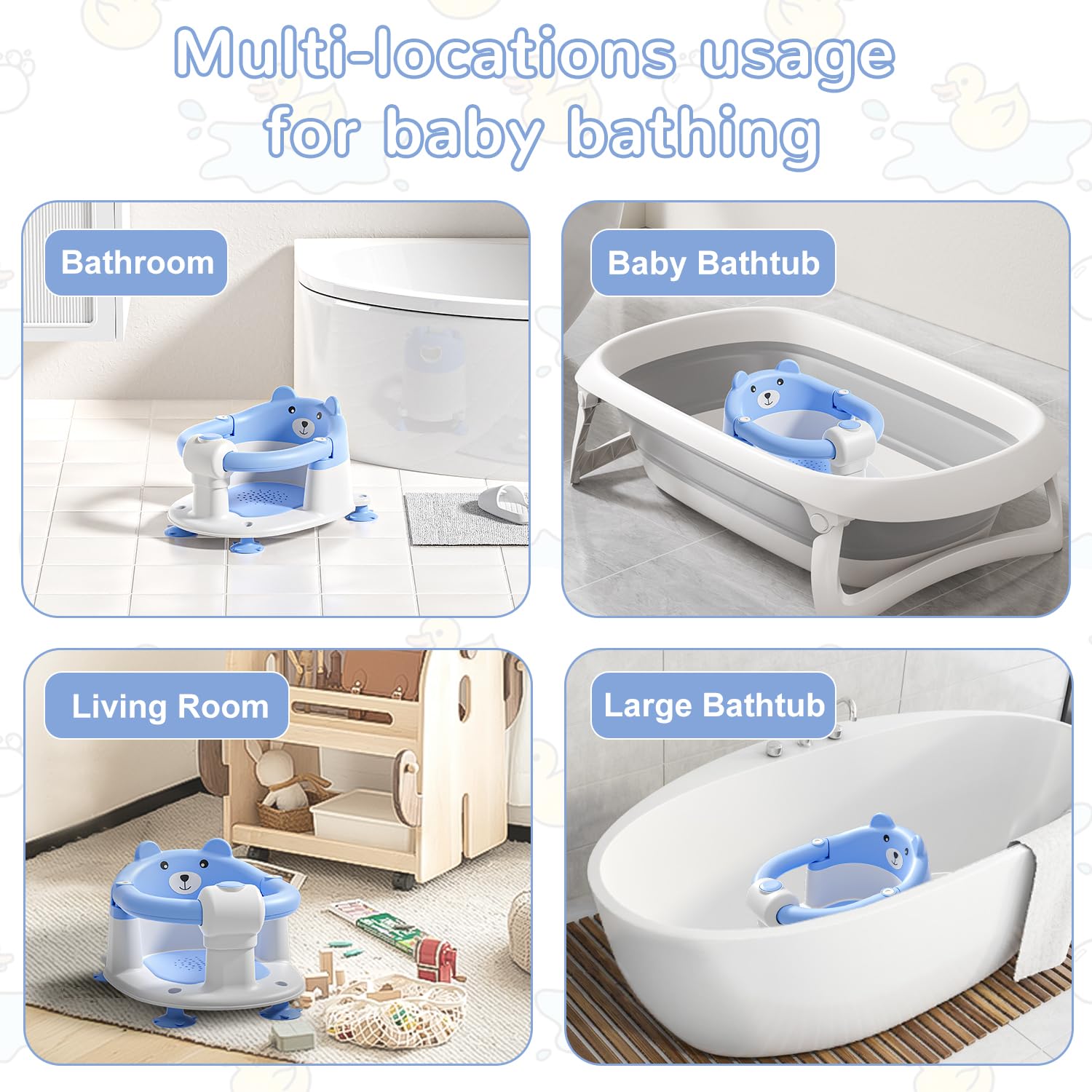 Siège de Bain Bébé 6 Mois Antidérapant 4 Ventouses Coussin Bleu