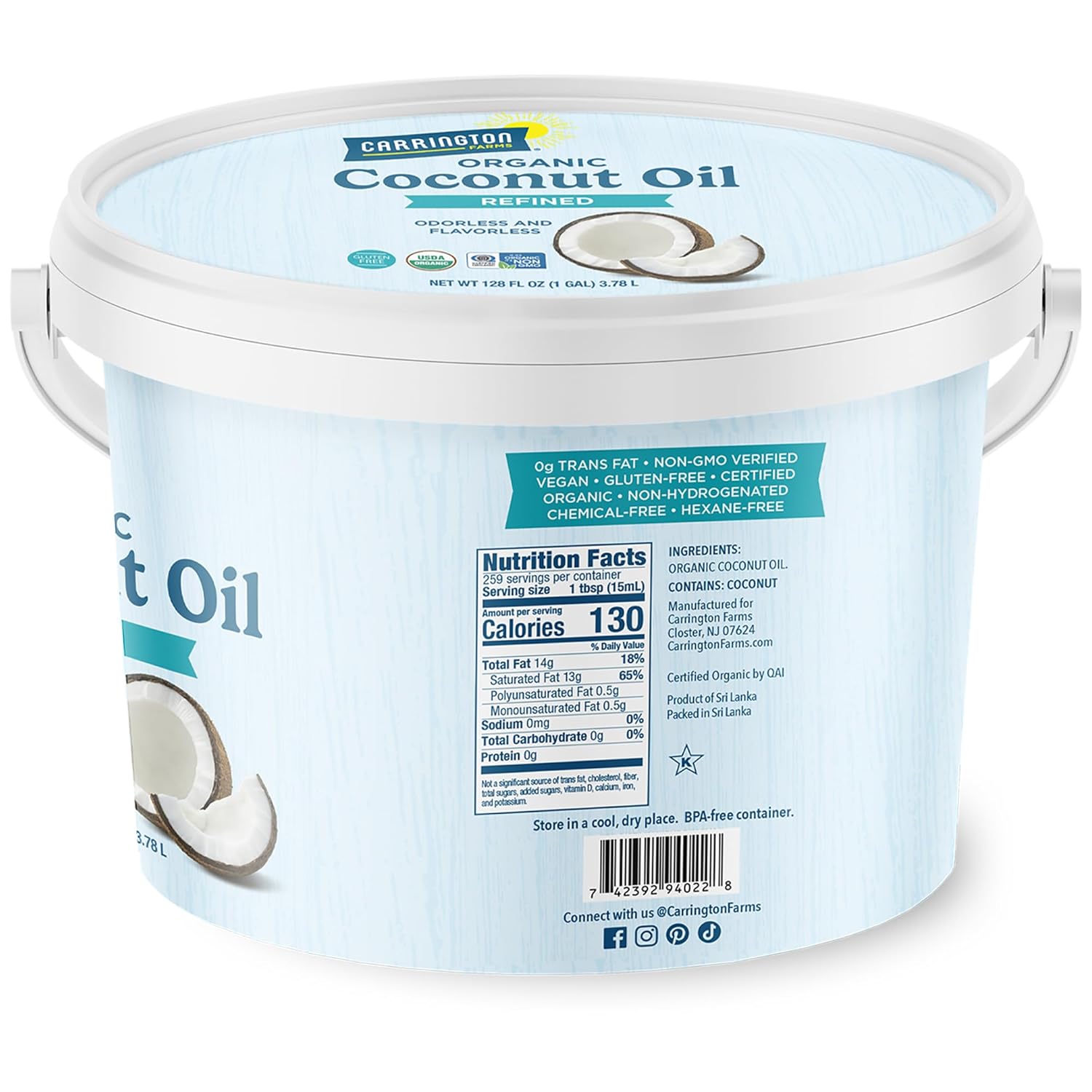 Carrington Farms Organic Refined Coconut Oil, 1 Gallon, Cold-Pressed, Non-GMO, Gluten-Free, Perfect for Cooking, Baking, Skin Care, Hair Oil, MCTs, 128 fl oz – Nutrient-Rich, No Trans Fats