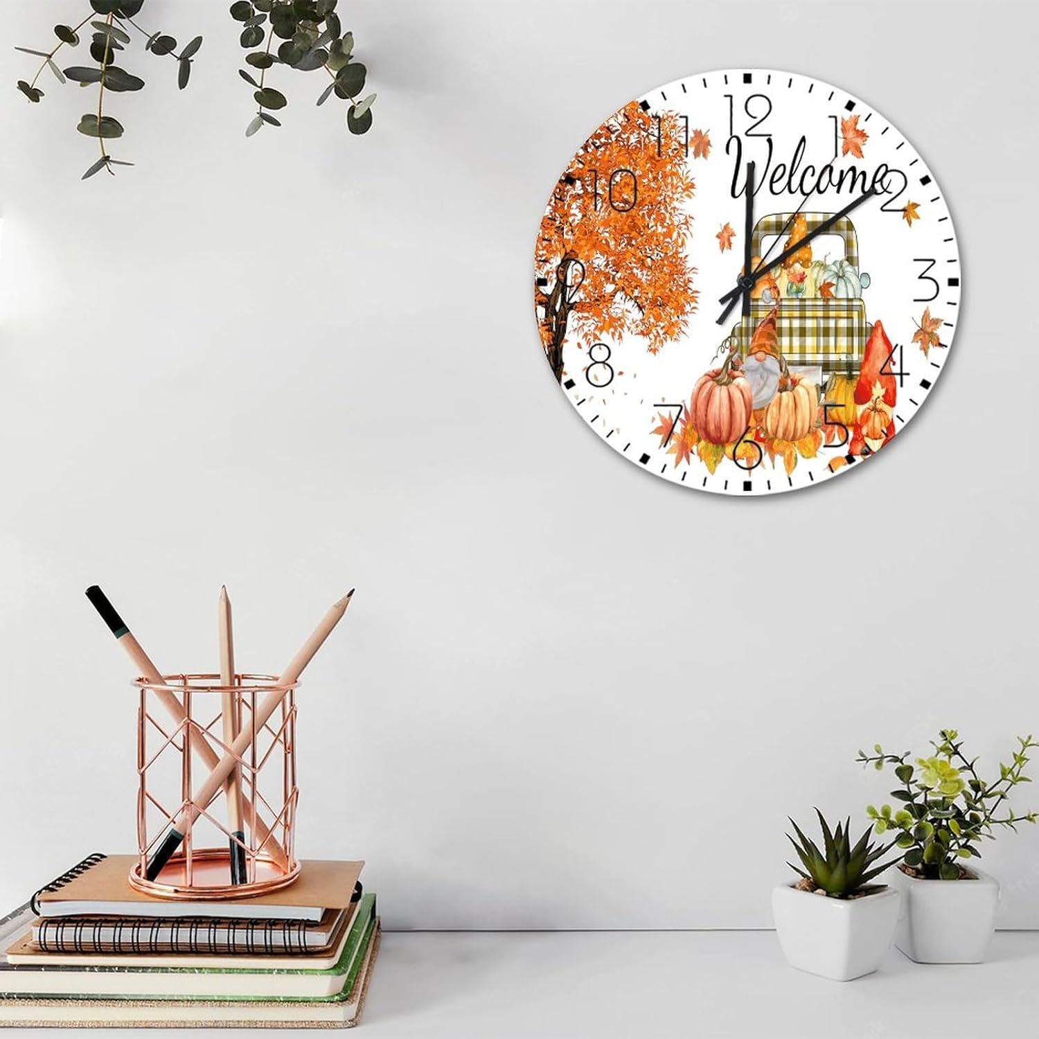 12 Inch Silent Non-Ticking Wall Clocks Battery Operated Seasonal Welcome Fall Home Decor for Classroom Autumn Harvest Pumpkins Truck Retro Round Wooden Wall Clock Rustic for Cabin Family Room