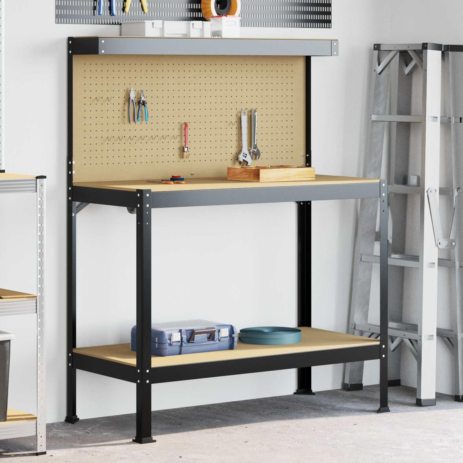 Banco de trabajo negro de madera contrachapada y metal, 114 x 54 x 145 cm, con cajón y pared perforada, almacenamiento práctico para taller, garaje, sala de ocio, superficie de trabajo