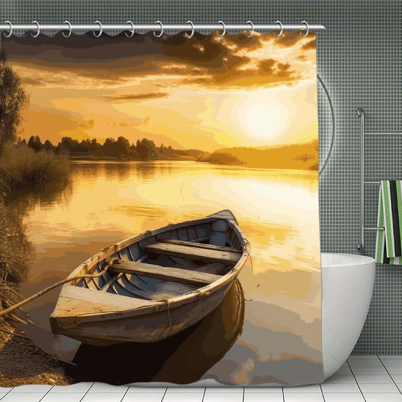 FekiLoot River Sunset Wooden Boat Shower Curtain Minimalist Thick Bathroom Curtain Washable Modern Bathroom Shower Curtain Heavy Duty Waterproof Cloth Bath Curtain with Hooks 70.8"x70.8"