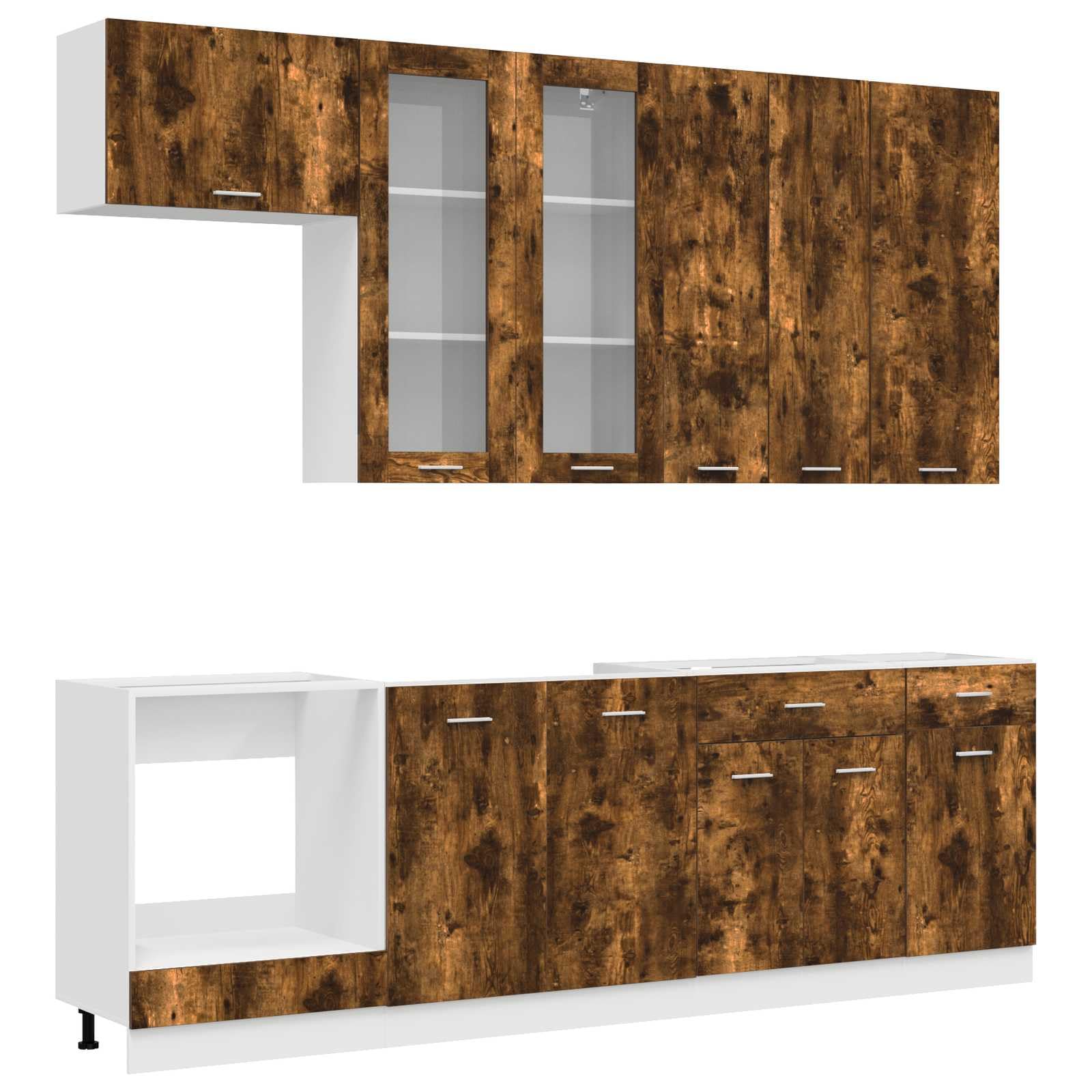 Mobile da cucina Lyon, 8 pezzi, moderna cucina da incasso in legno con piedini regolabili, mini cucina modulare per piano di lavoro, rovere affumicato