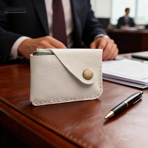 Miniatura 37 de Cartera organizadora de tarjetas de bolsillo frontal cosida a mano minimalista de cuero genuino para tarjetas, billetera con tarjetero pequeño, Negro