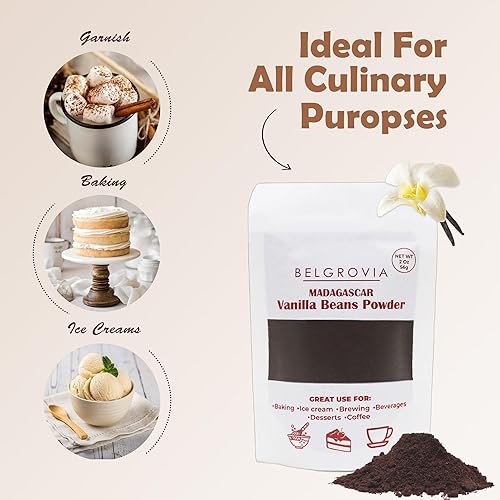 Miniatura 5 de Belgrovia - Polvo de grano de vainilla orgánico de Madagascar, polvo de vainilla molida 100% puro para hornear, café, batidos y saborizantes,