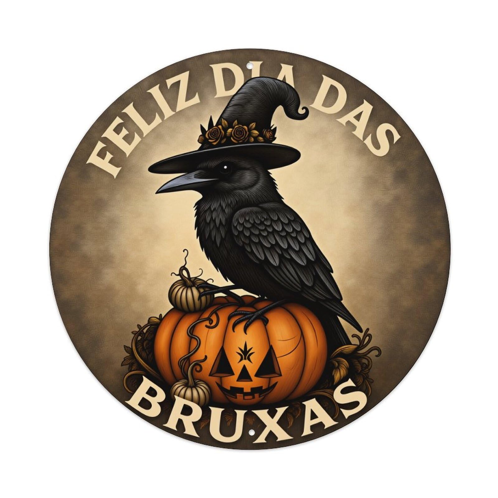 Black Crow Witch Hat Pumpkin Round Tin Sign Vintage Style Metal Sign Home Bar Garden Wall Plaque Decor Metal Poster 8x8 Inch