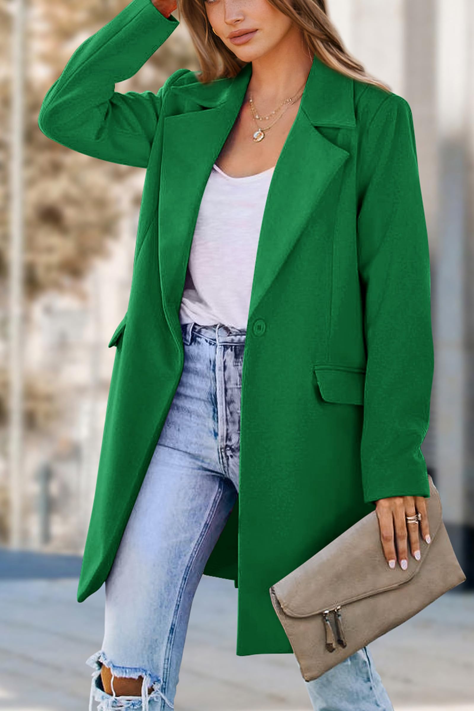 PRETTYGARDEN Women's Business Casual Long Blazer Jackets(Green,M) view 8