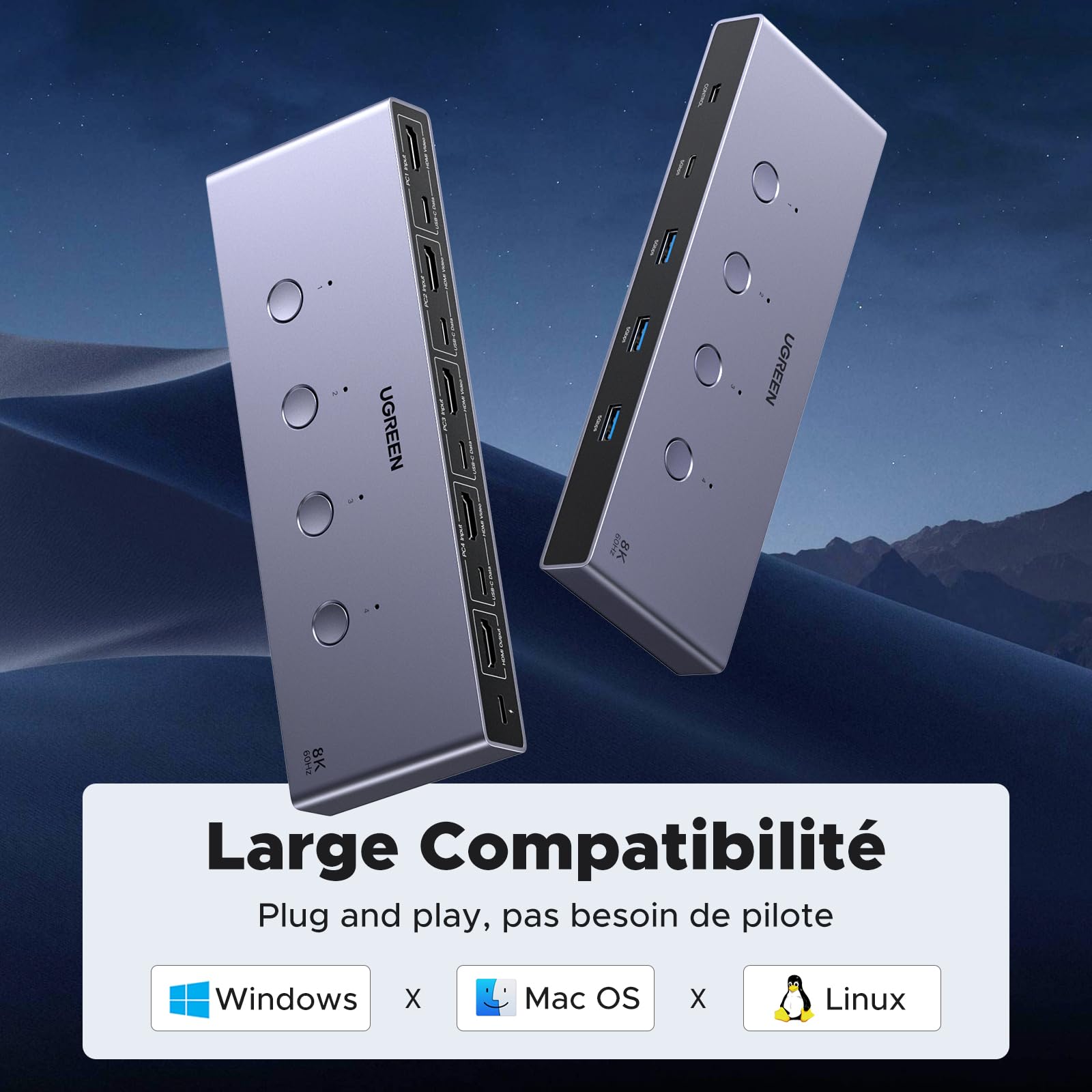 UGREEN Switch HDMI KVM 8K 60Hz 4K 240Hz 4 Entrées 1 Sortie | Commutateur KVM Switch avec 4 Ports USB 5Gbps 3A1C pour Clavier Souris Disque Dur avec Contrôleur de Bureau et Câbles HDMI