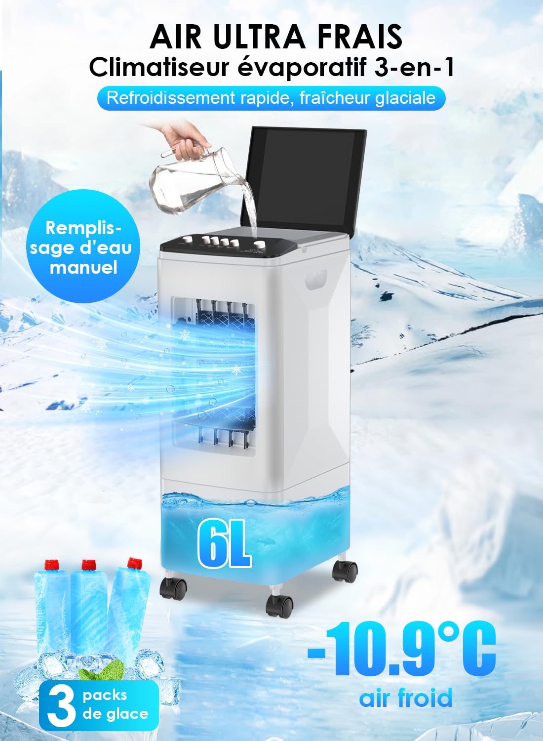 Climatiseur Mobile 3-en-1 Rafraîchisseur d’Air, Réservoir 6L, 3 Blocs Réfrigérants, 60W Économie d’Énergie, 35dB Silencieux, Oscillation 60°, 3 Vitesses, Humidificateur, Ventilateur, Maison, Bureau