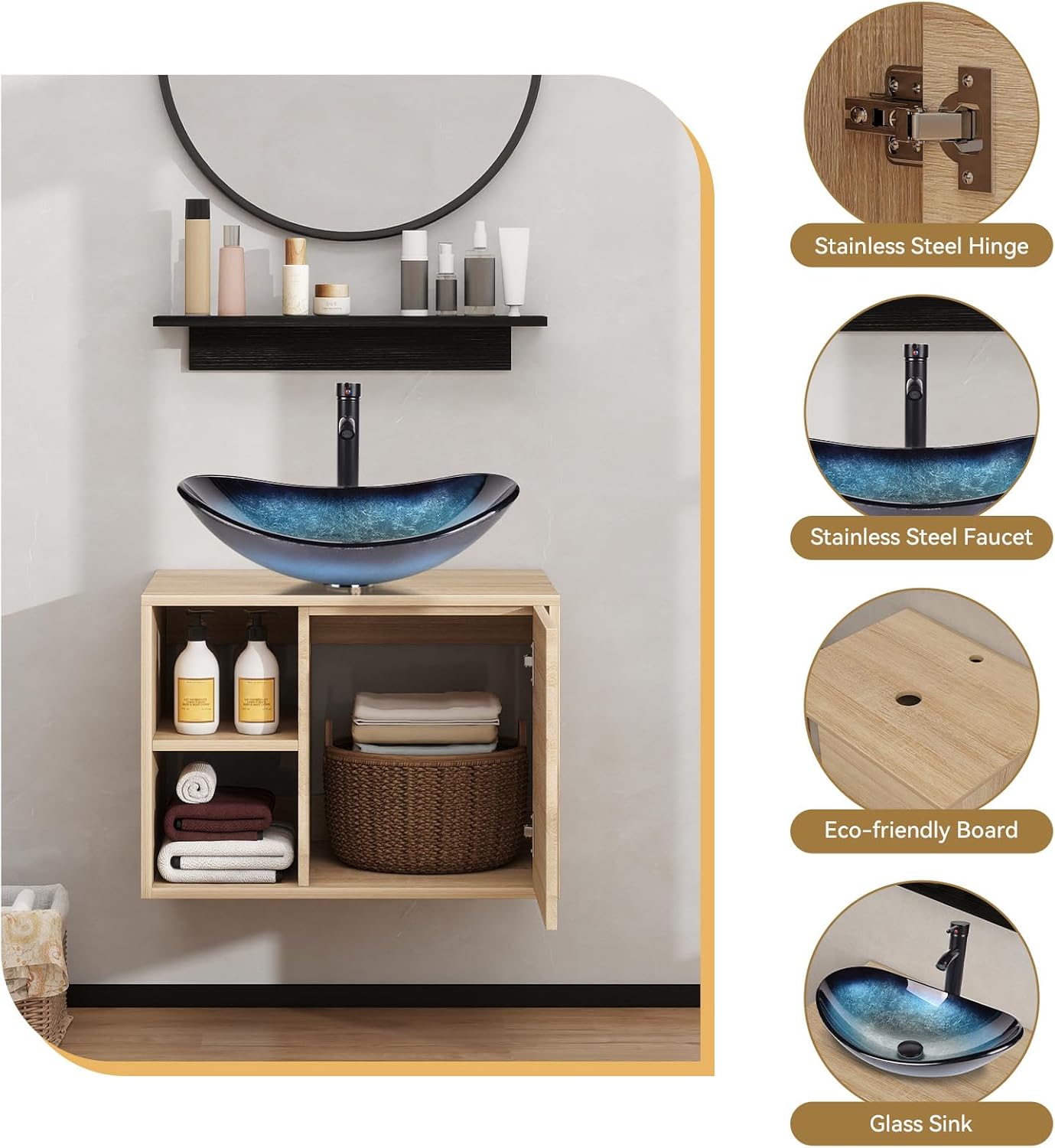 YOURLITE 24" Floating Bathroom Vanity, Wall-Mounted Bathroom Vanity and Sink Combo with Mirror and Faucet & Pop Up Drain Set Blue Glass Boat Bathroom Sink