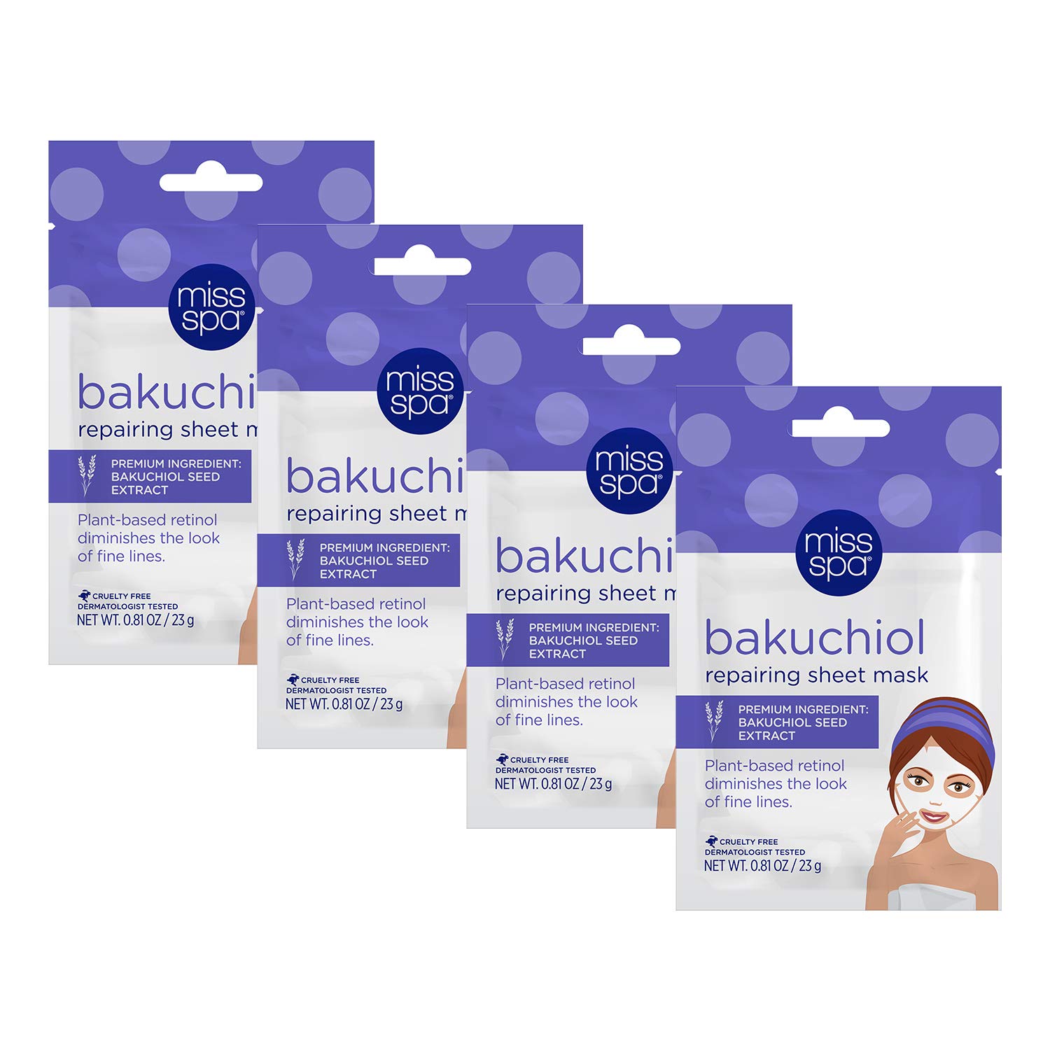 MISS SPA Anti-Aging Bakuchiol Repairing Facial Sheet Mask, Plant-Based Retinol, Hydrating Skin Care, Dermatologist Tested, 4 Pack - Image 8