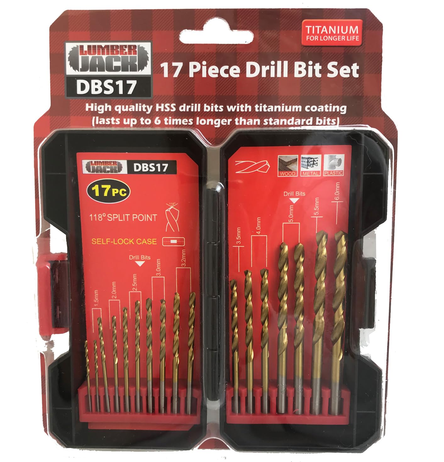 LUMBER JACK HSS Drill Bits Set, 17 Piece Titanium Coated Metal Drill Bits, Packed in Sturdy Storage Case, for Stainless Steel, Wood, Soft Metal