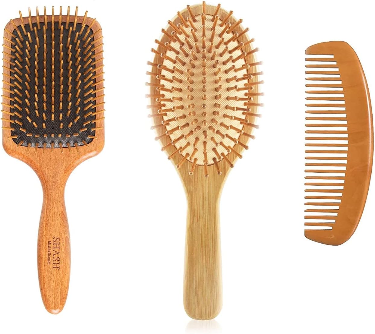 MOMENTA Natural Wooden Hair Brush Set - Bamboo Hair Comb Pack With Wide Comb Bamboo Brush For Men, Women, Kids, Durable Massage Hair Brush Set, Best For Detangling Grooming Comb Set (pack Of 3)