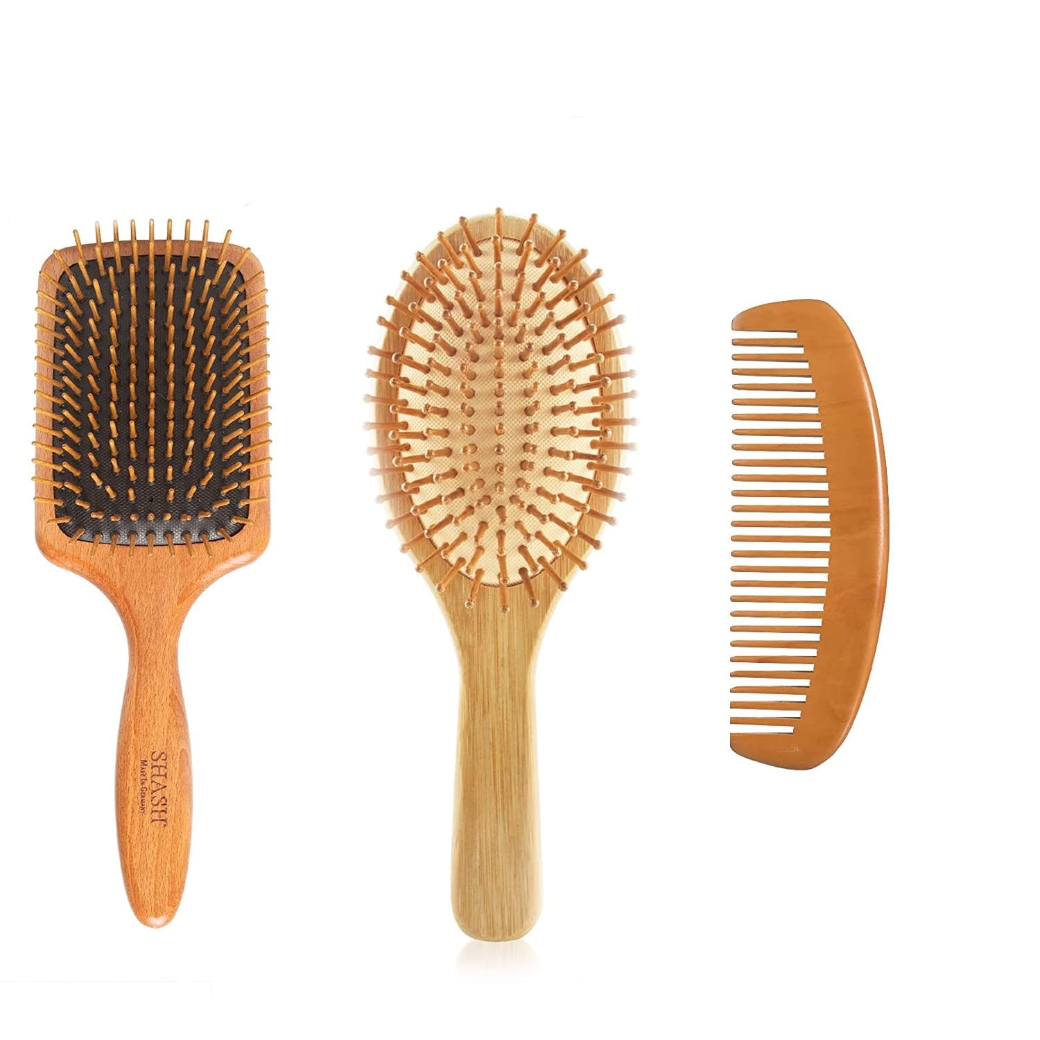 MOMENTA Natural Wooden Hair Brush Set - Bamboo Hair Comb Pack With Wide Comb Bamboo Brush For Men, Women, Kids, Durable Massage Hair Brush Set, Best For Detangling Grooming Comb Set (pack Of 3)