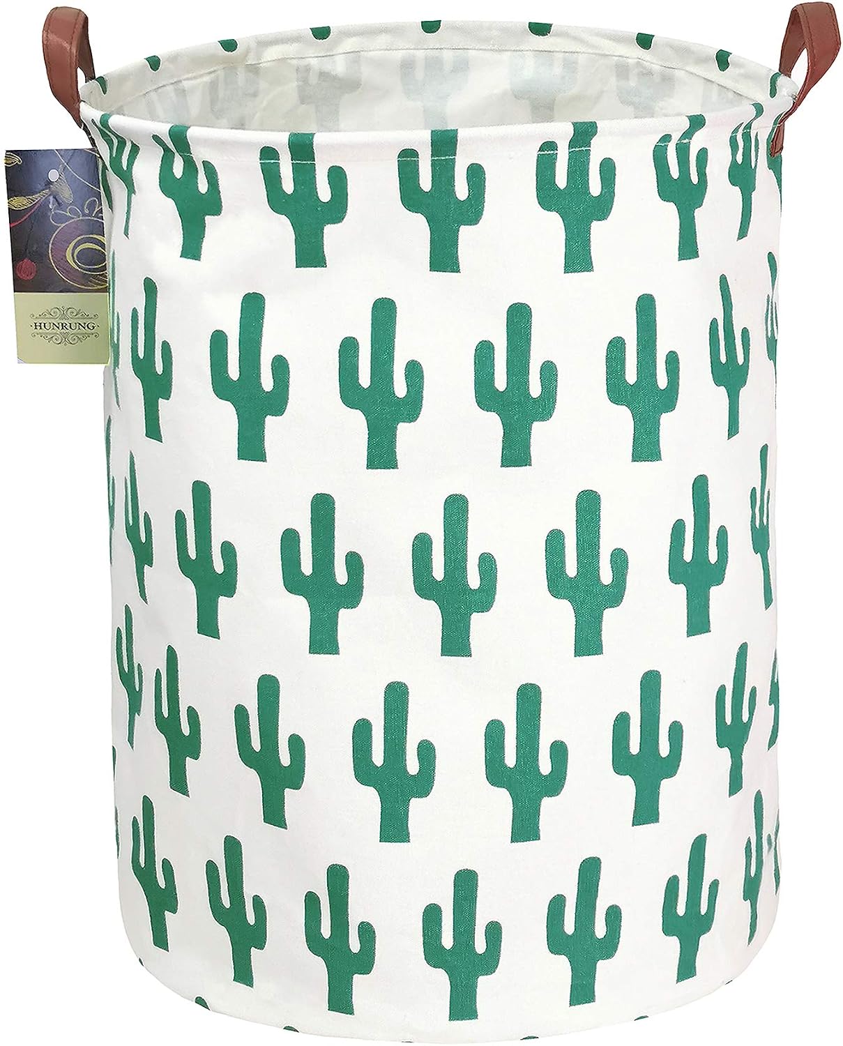 HUNRUNG Laundry Hamper,Large Canvas Fabric Lightweight Storage Basket Toy Organizer Dirty Clothes Collapsible Waterproof for College Dorms, Children Bedroom,Bathroom (Green Cactus)