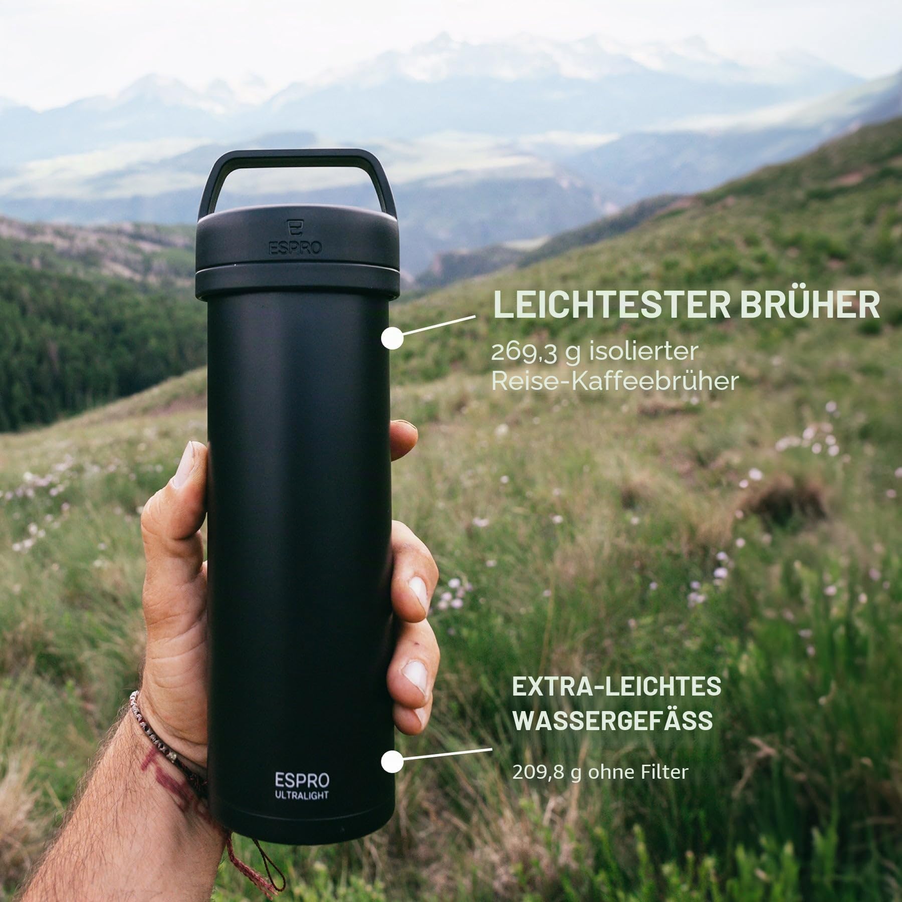 ESPRO – P0 Ultralight – Französische Kaffeepresse für Einzelportionen und leichte Trinkflasche für Reisen, Camping und den täglichen Gebrauch, Edelstahl, vakuumisoliert, 16 oz (Matte Meteorite Black)