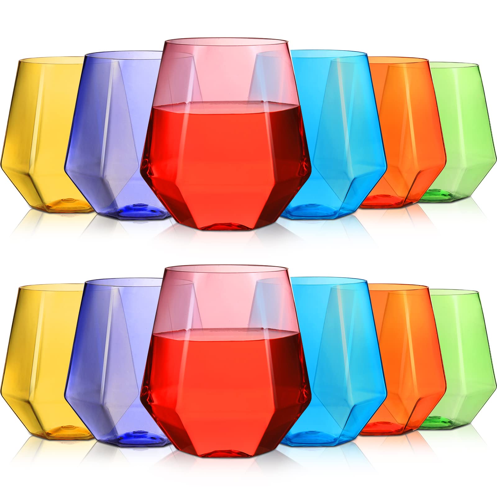 Gerrii 12 Pcs Diamond Stemless Glasses Unbreakable Plastic Wine Glasses 12 oz Reusable Whiskey Glass Stemless Drinking Glasses for Wine Cocktail and Home Dining Wedding Party Kitchen, 6 Colors