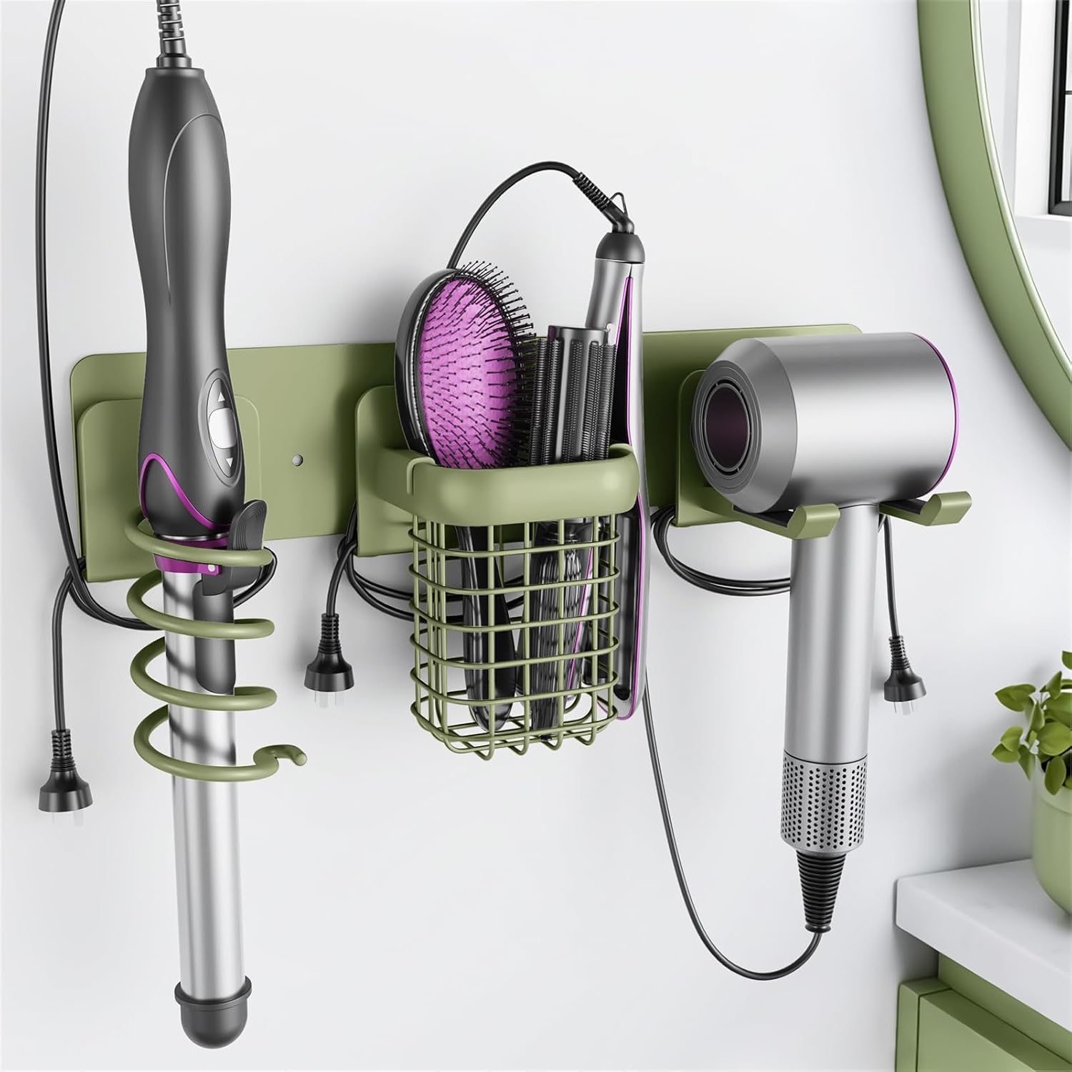 Tindbea Upgraded Aluminum Alloy Hair Dryer Holder Wall Mounted with Built-in Cord Wrap,3-in-1 Hair Tool Organizer for Blow Dryer, curling iron, and straightener, Green