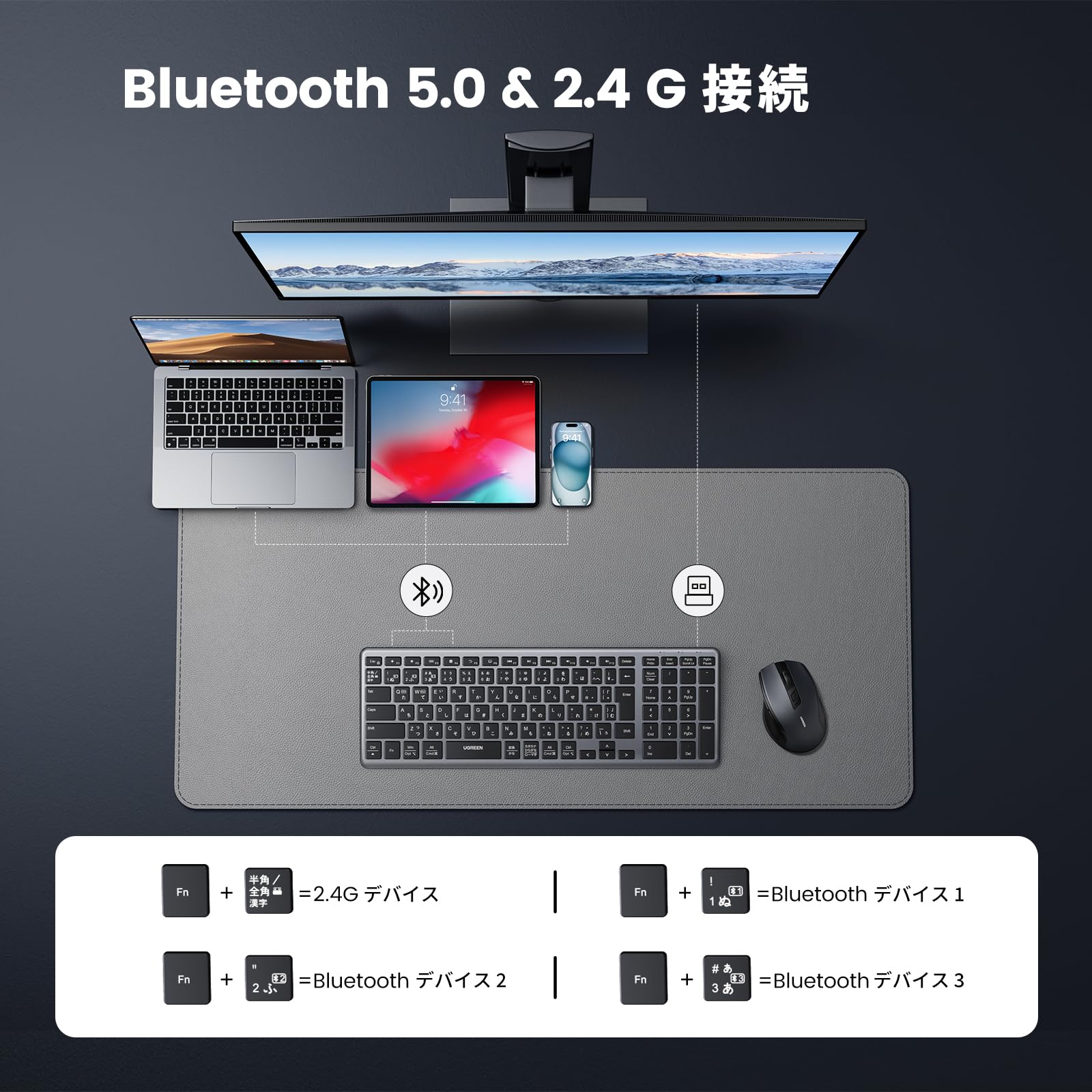Amazon | UGREEN ワイヤレスキーボード Bluetooth＆2.4G USB-C充電式