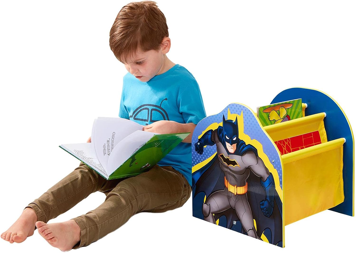 BATMAN Kids Sling Bookcase - Bedroom Book Storage, Yellow / Blue, 39.5cm (H) x 39.5cm (W) x 35cm (D) - Image 4