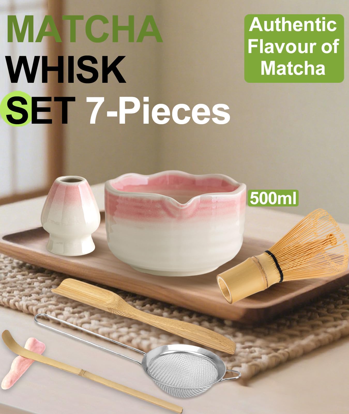 JBER Matcha Kit 7 Piezas - Kit Té Matcha Completo con Tazón de Matcha con Pico, Batidor de Bambú (Chasen) y Accesorios Completos, Perfecto para Ceremonias Japonesas y Lattes Caseros, Gradiente Rosa