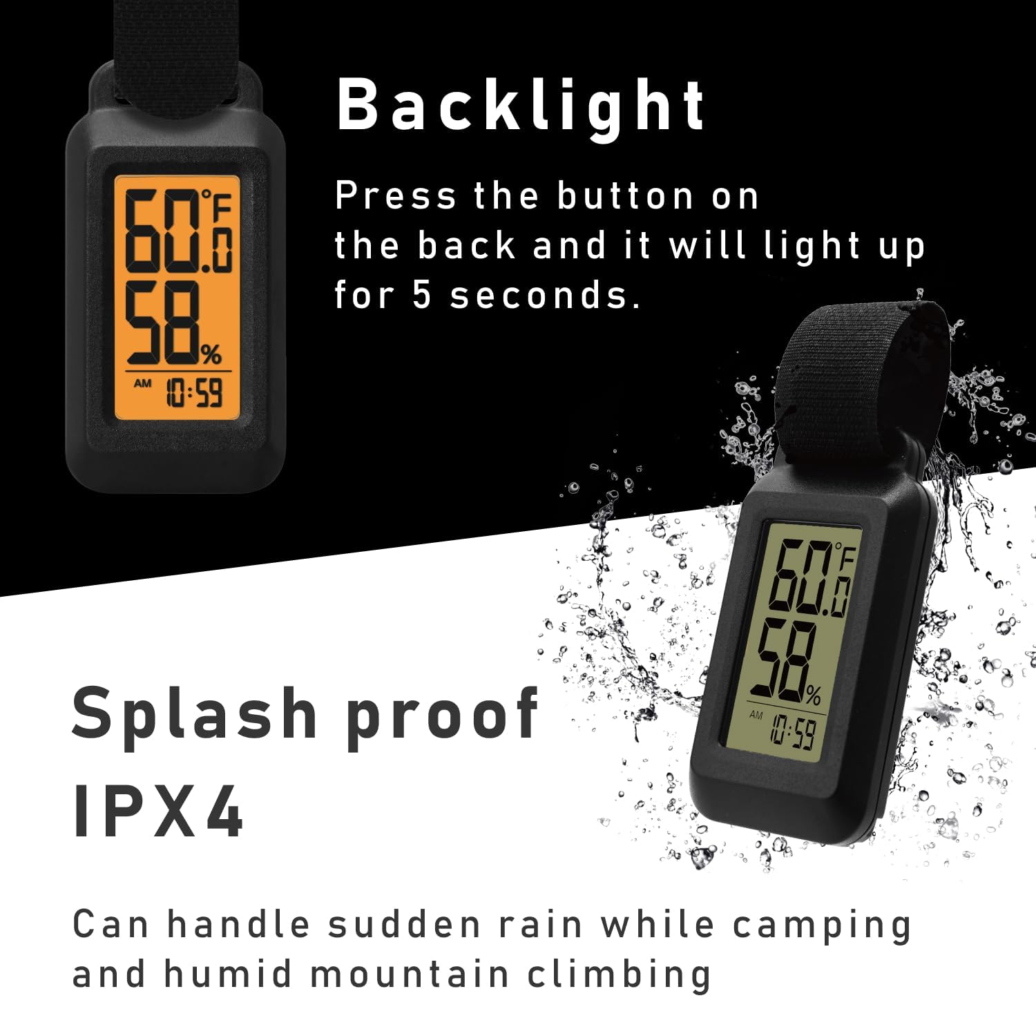 Dretec Portable Digital Thermometer Hygrometer Splash Proof IPX4 Clock Function Backlight for Backpacking, Skiing, Outdoor Thermometer Activity Black