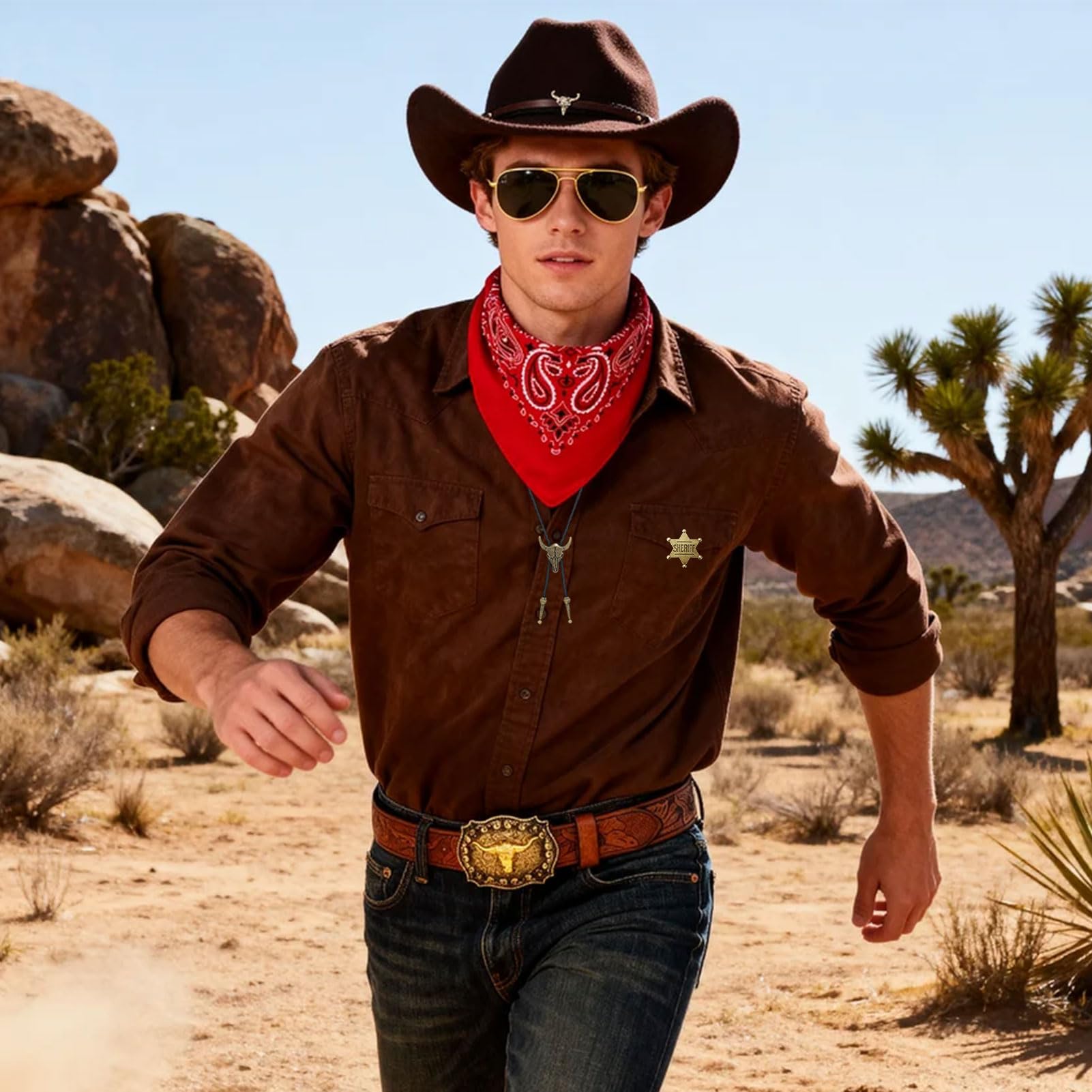 Crittygo Cowboy Outfit Kit for Men Western Cowboy Costume Accessories with Cowboy Hat Bandana Glasses Necklace Holster Belt Sheriff Badge for Halloween Western Theme Party - Image 4