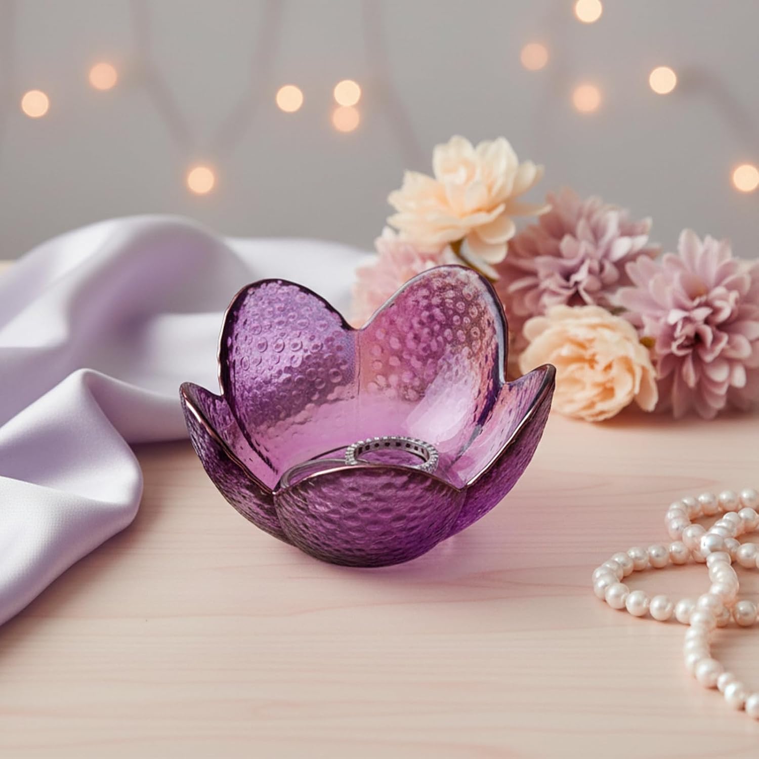 Purple Flower Jewelry Dish Glass Ring Bowl Small Ring Dish Trinket Tray for Rings Earrings, Purple Gifts for Women Wife Mom Daughter Birthday