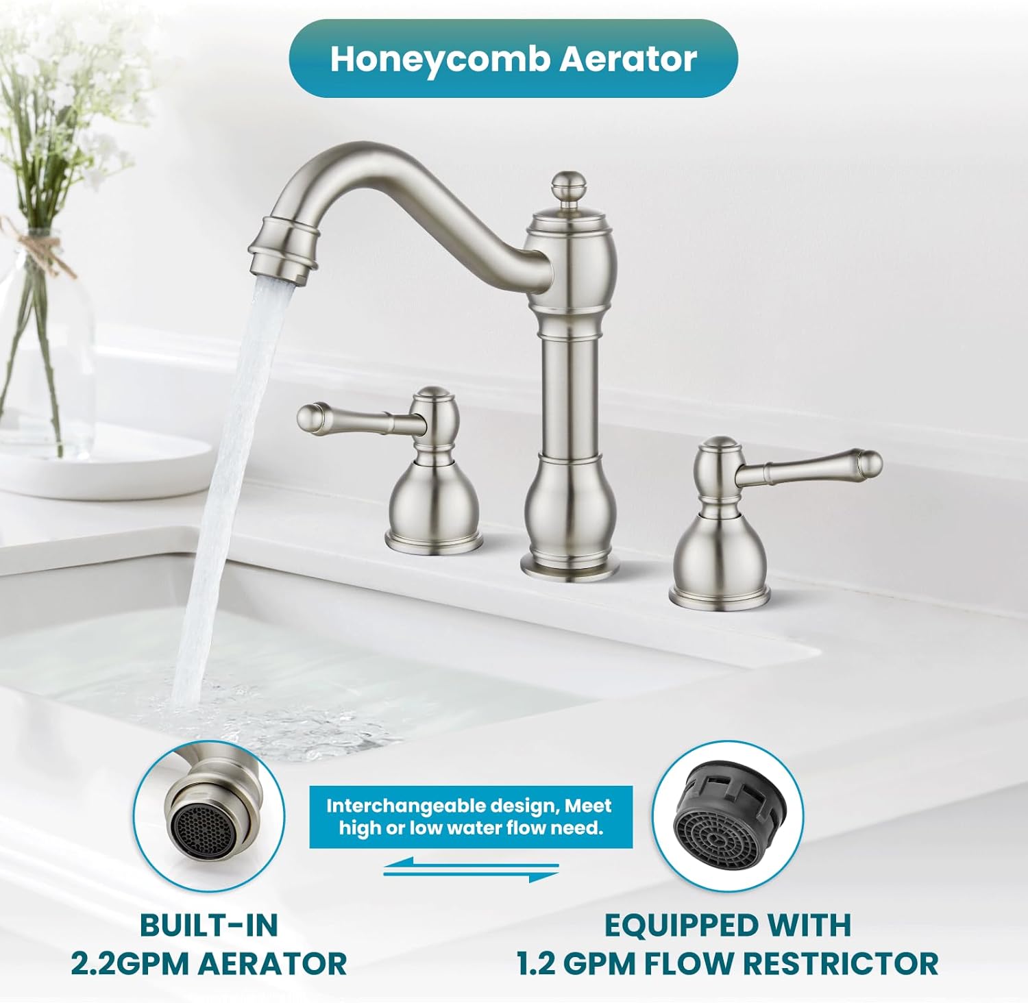 gotonovo 8 Inch Widespread Bathroom Faucets for Sink 3 Hole 2 Lever Handle Deck Mount with Pop Up Drain Hot and Cold Water Supply Lines Brushed Nickel