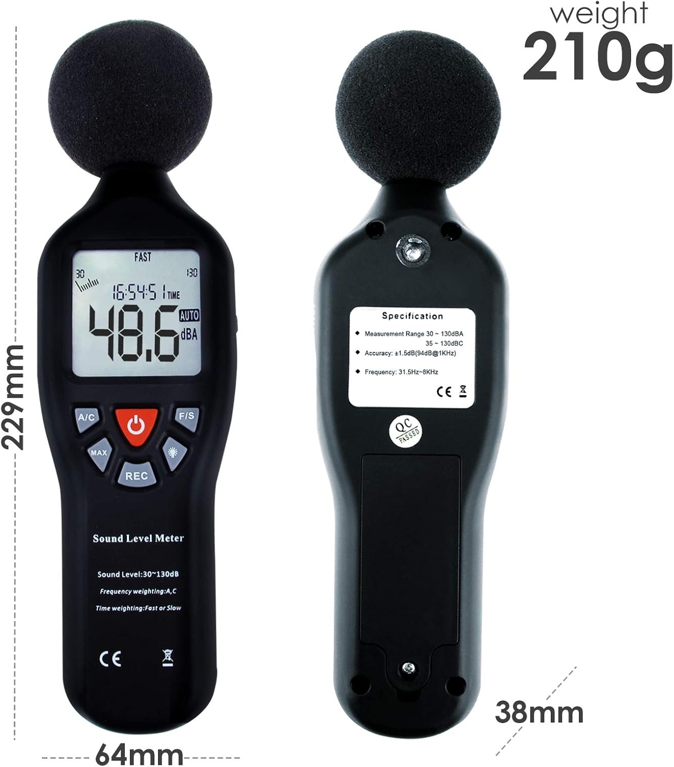 Decibel Meter Sound Level Meter with Data Logging, High Accuracy dB SPL Meter with LCD Backlight, Real-time Display, 30-130 dB Range, Connect Software in PC