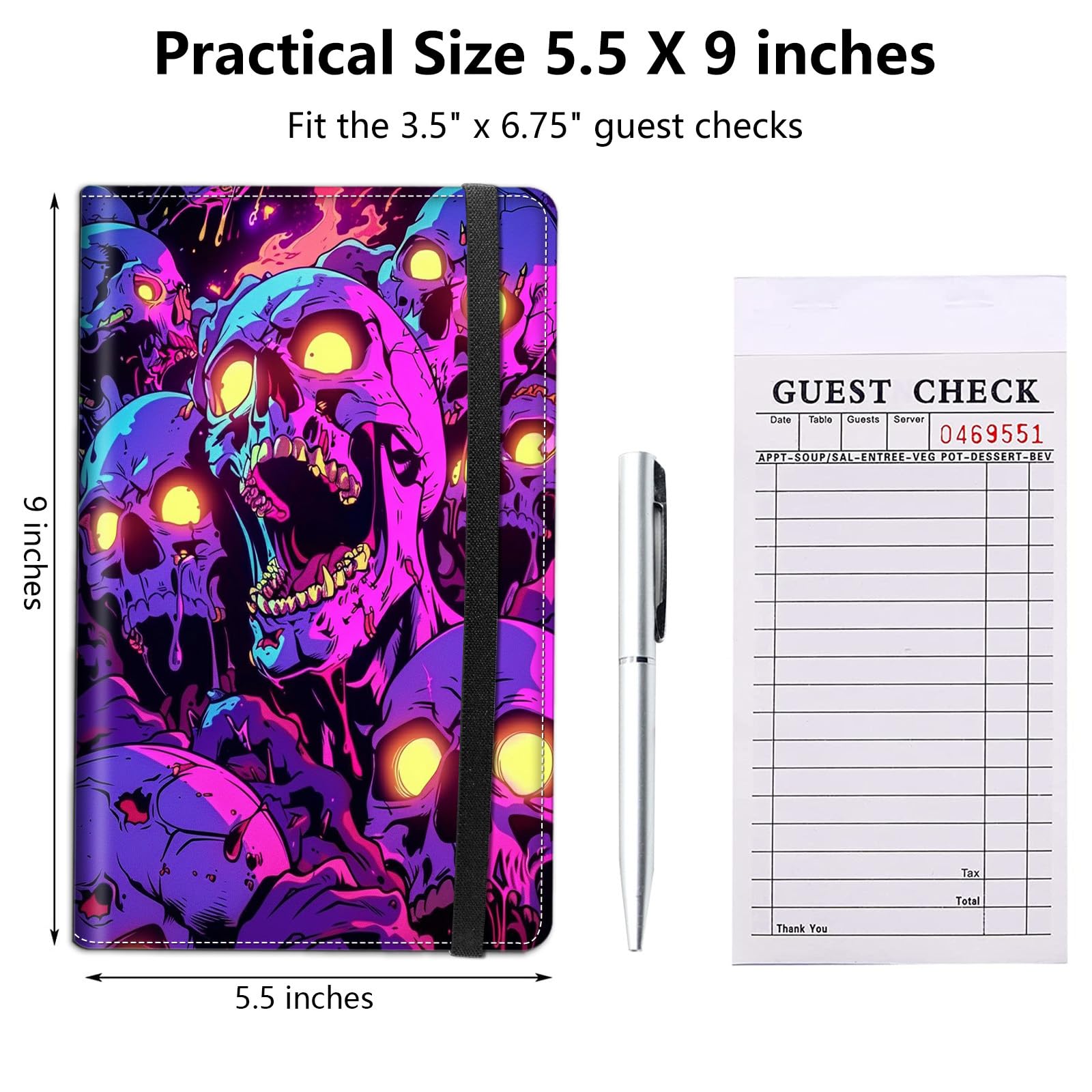 Server Book for Waitress,5.5x9 Inch - Waiter Book with Zipper Pocket,Pen Holder & Cash Compartments,Waterproof PU Leather Guest Check Organizer for Tips,Cards, Receipts,Purple Scream Skull