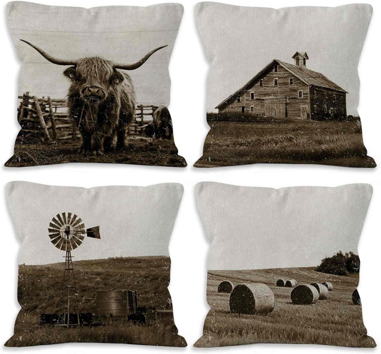 Farmhouse Rustic Highland Cow Throw Pillow Covers 18x18 Set of 4, Rustic Windmill Barn Cornfield Landscape Countryside Pillow Covers for Home Bedroom Couch