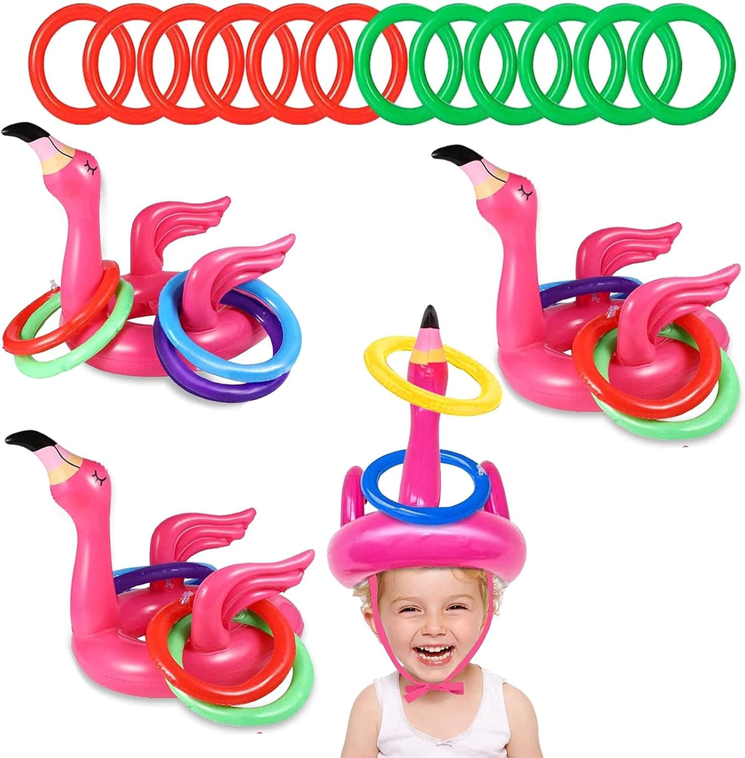 COWEAL 15 Set Inflatable Flamingo Ring Toss Pool Game Swimming Pool Toys Hat for Kids Adults Pool Party Games Summer Swim Pool Party Water Carnival Outdoor Beach Floating Game Toys