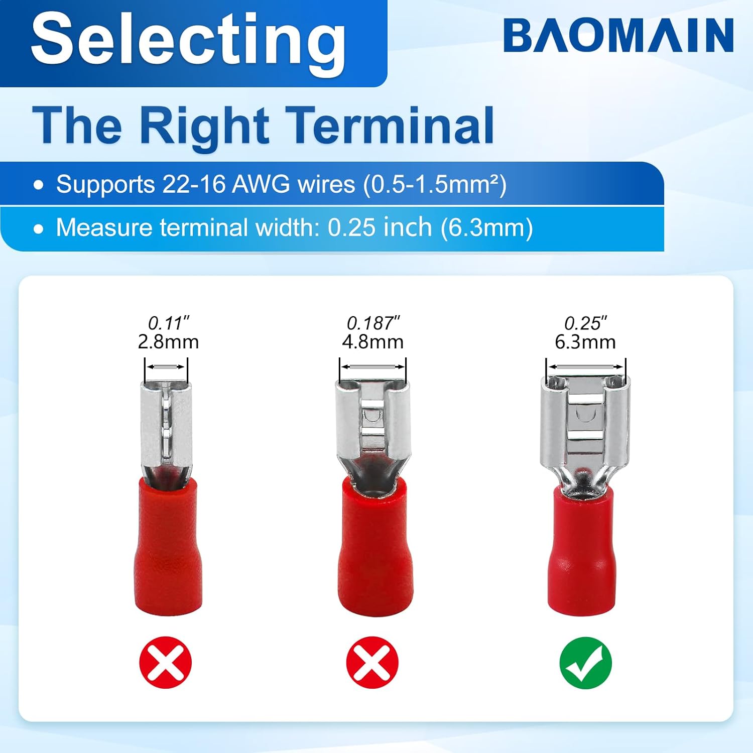 Baomain 1/4" Female Quick Disconnect Spade Terminals,Insulated Crimp Connectors 22-16 AWG 6.3mm (0.25 inch),Red, (1000-Pack)