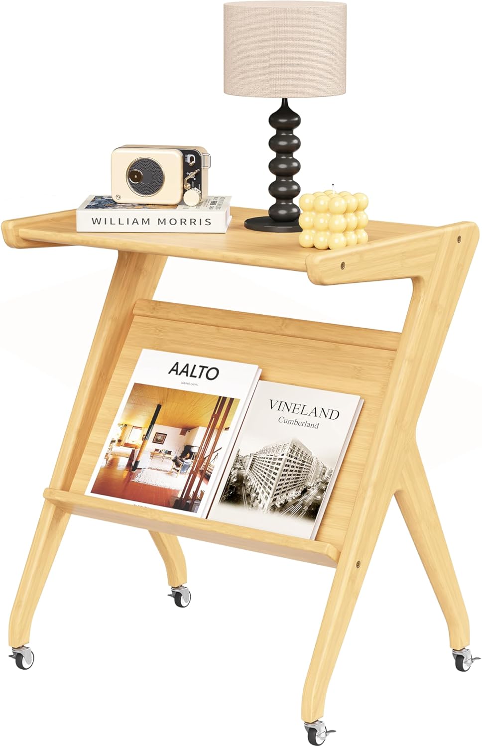 COMASACH Solid Bamboo End Table with Bookshelf, Mid Century Wood TV Tray with Wheels, Mobile Nightstand Bedside Table for Living Room, Office, Bathroom, Bamboo Color