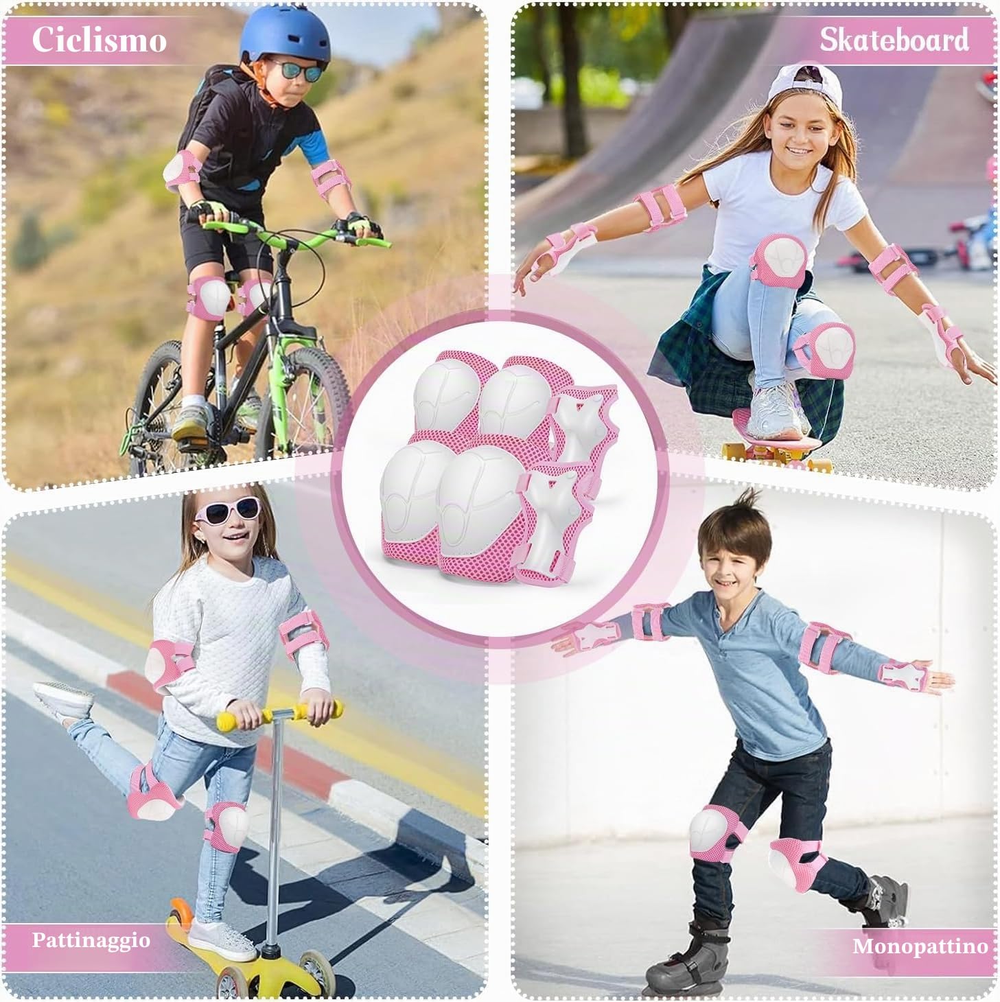 Ginocchiere per bambini, 6 in 1 per skateboard, pattini in linea, hoverboard, bicicletta