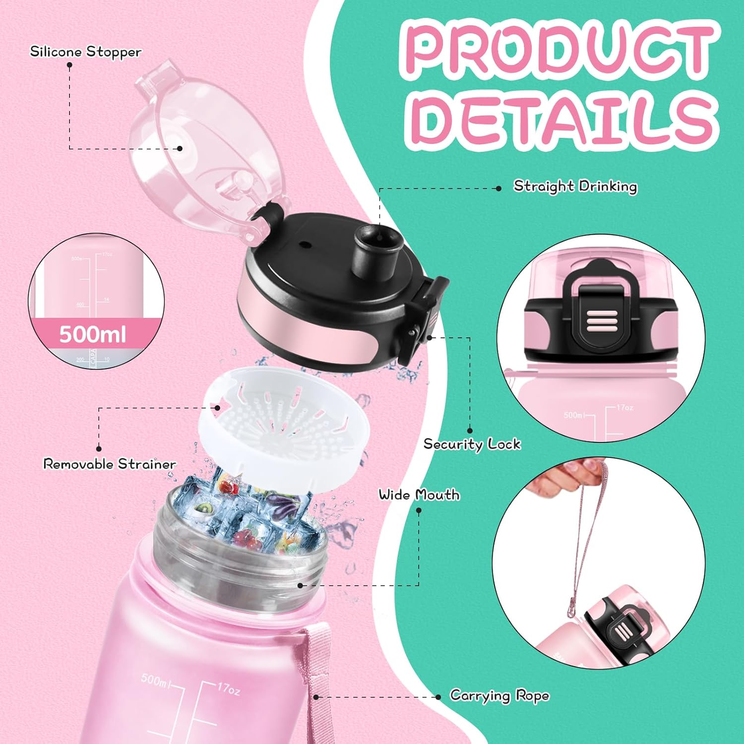 Children's Water Bottle, 500 ml, Leak-Proof, Water Bottle with Time Marking, Easy to Clean, Girls' Sports Drinking Bottle for School, Travel, Camping, Pink-Cyan